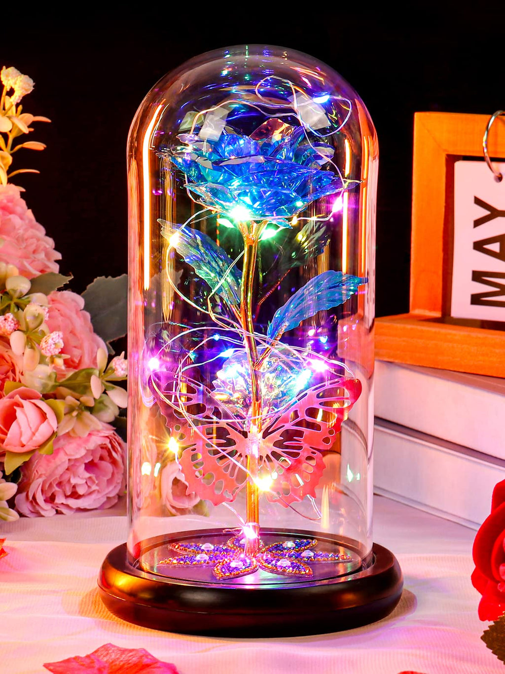Pusuny Mothers Day Flowers Gifts for Mom Women Birthday Gift Galaxy Glass Rose Forever Eternal Crystal Flowers Rose in Glass Dome with Butterfly Mother's Day Roses Gifts for Mom Daughter Wife Purple