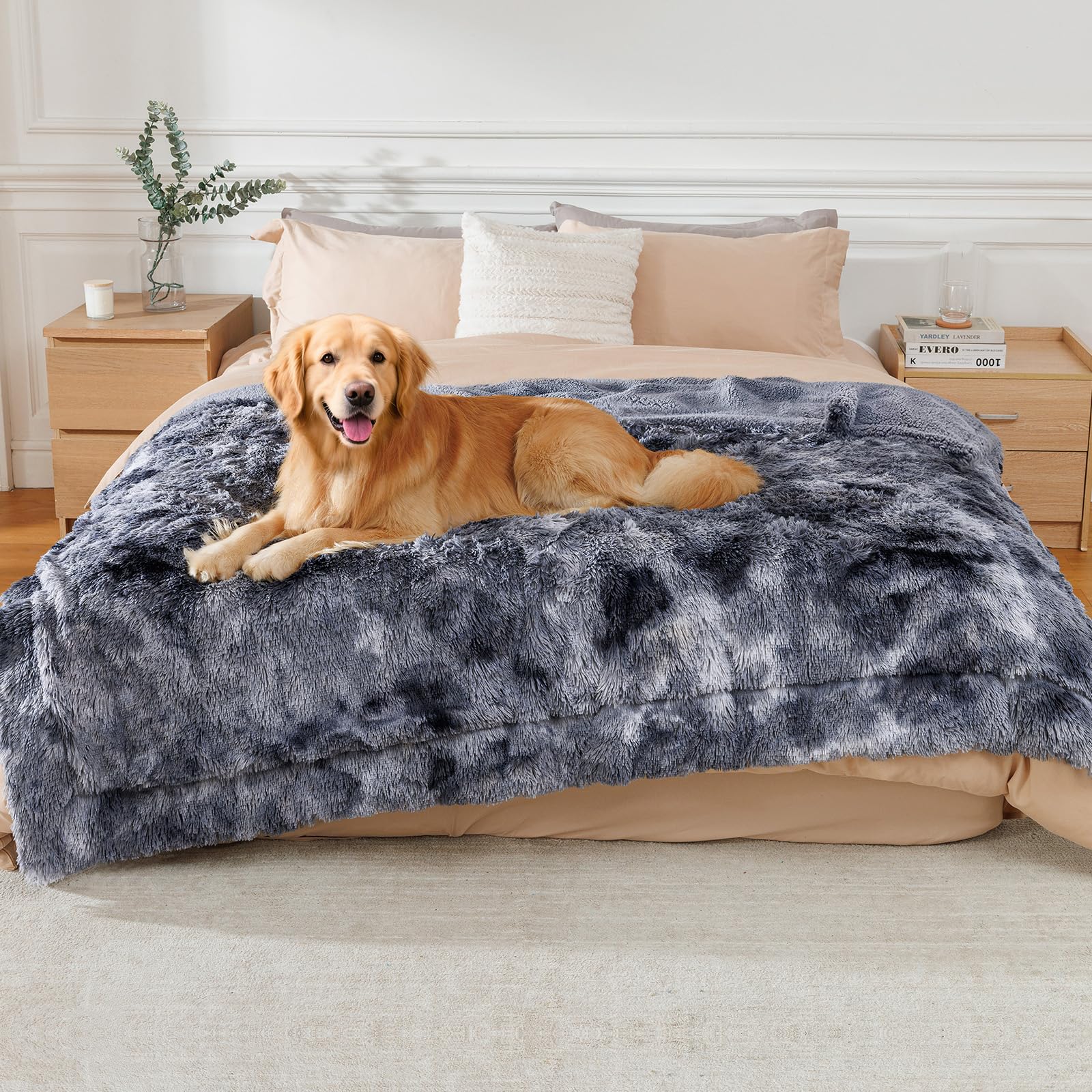 Luciphia Large Waterproof Dog Blanket for Pet Washable Liquid Proof Bed Intimacy Protection Shaggy Plush Calming Long Faux Fur Couch Cover Calming Cat Throw Blankets, Tie-dye Grey, 50" x 60"