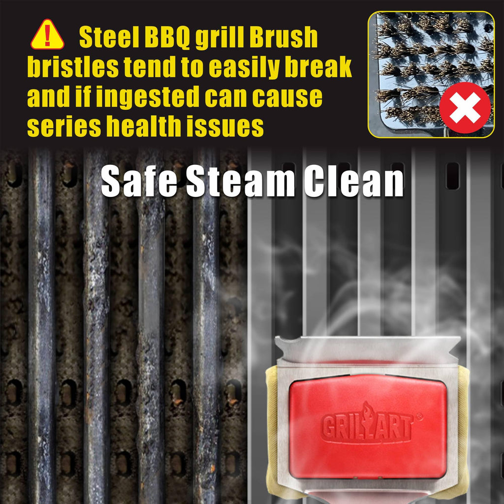 GRILLART Grill Brush Bristle Free. SteamWizards BBQ Replaceable Cleaning Head, Unique Seamless-Fit Scraper Tool for Cast Iron/Stainless-Steel Grates, Safe Barbecue Grill Cleaner-Red