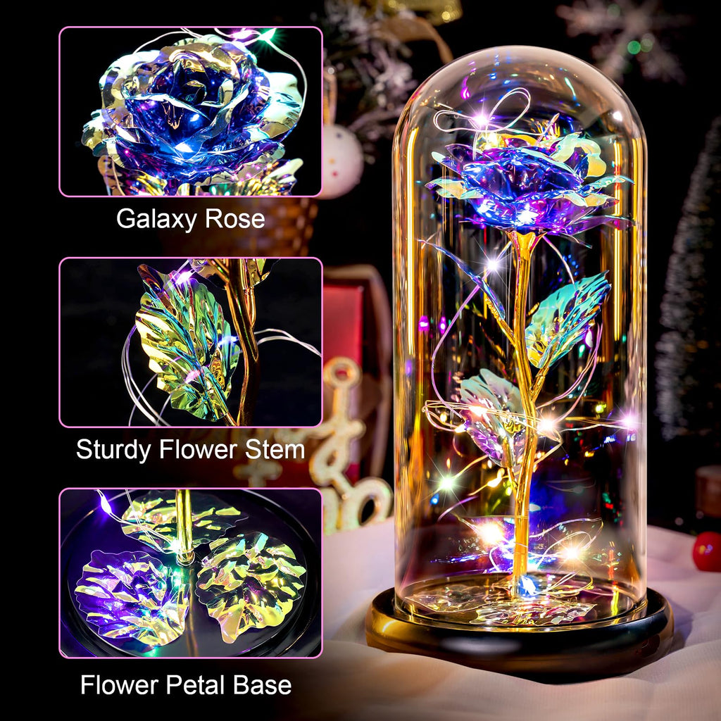 Pusuny Mothers Day Flowers Gifts for Mom Women Birthday Gift Galaxy Glass Rose Forever Eternal Crystal Flowers Rose in Glass Dome with Butterfly Mother's Day Roses Gifts for Mom Daughter Wife Purple