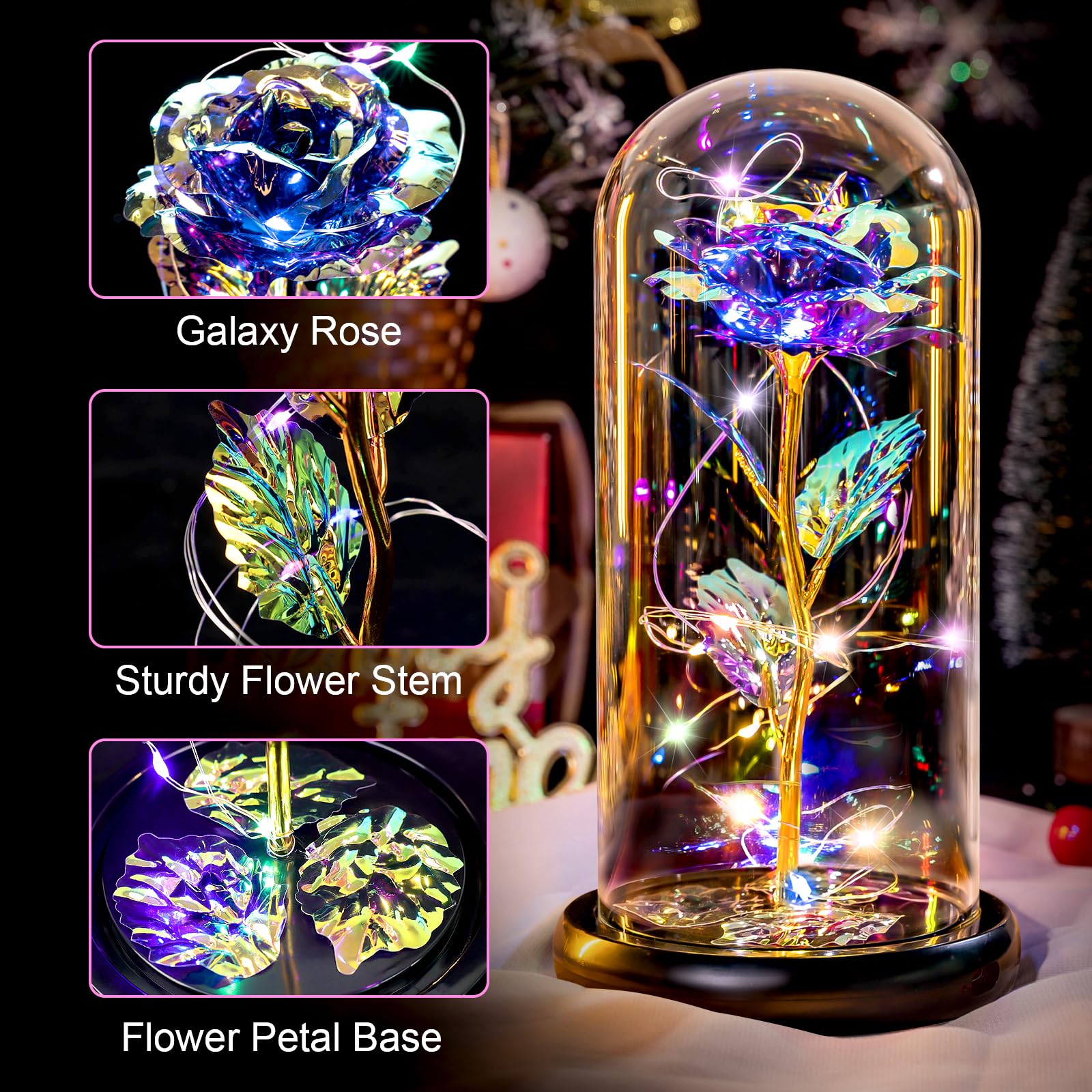 Pusuny Mothers Day Flowers Gifts for Mom Women Birthday Gift Galaxy Glass Rose Forever Eternal Crystal Flowers Rose in Glass Dome with Butterfly Mother's Day Roses Gifts for Mom Daughter Wife Purple