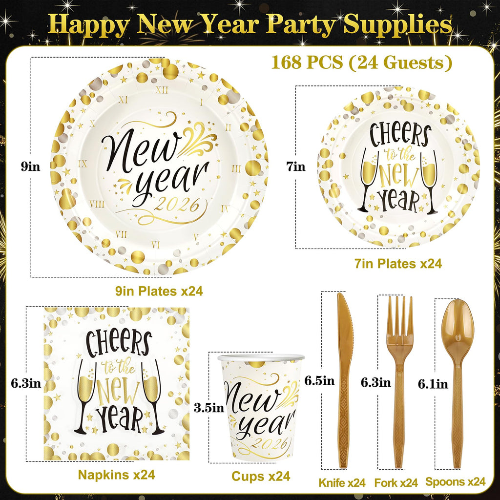 168pcs Happy New Year Party Supplies, Black and White Paper Plates Napkins Cups and Transparent Gold Cutlery for 24 Guests, 2026 New Year Disposable Tableware Supplies for Party Decorations