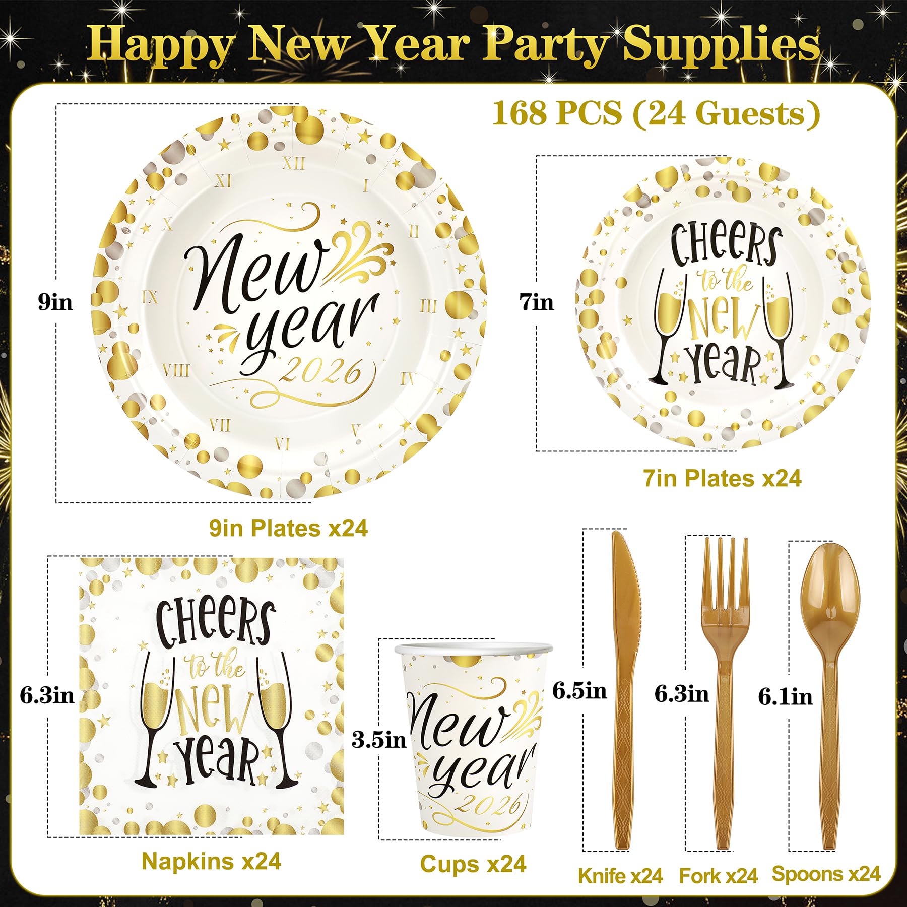 168pcs Happy New Year Party Supplies, Black and White Paper Plates Napkins Cups and Transparent Gold Cutlery for 24 Guests, 2026 New Year Disposable Tableware Supplies for Party Decorations