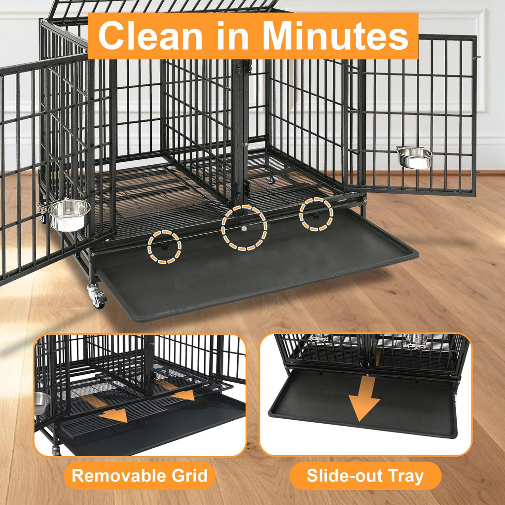Homey Pet 37 Inch Heavy Duty Dog Crate for Medium Dogs, Stackable Dog Cage with Four Lockable Wheels, Removable Tray & Grid, Open Top, Escape Proof Dog Kennel Indoor