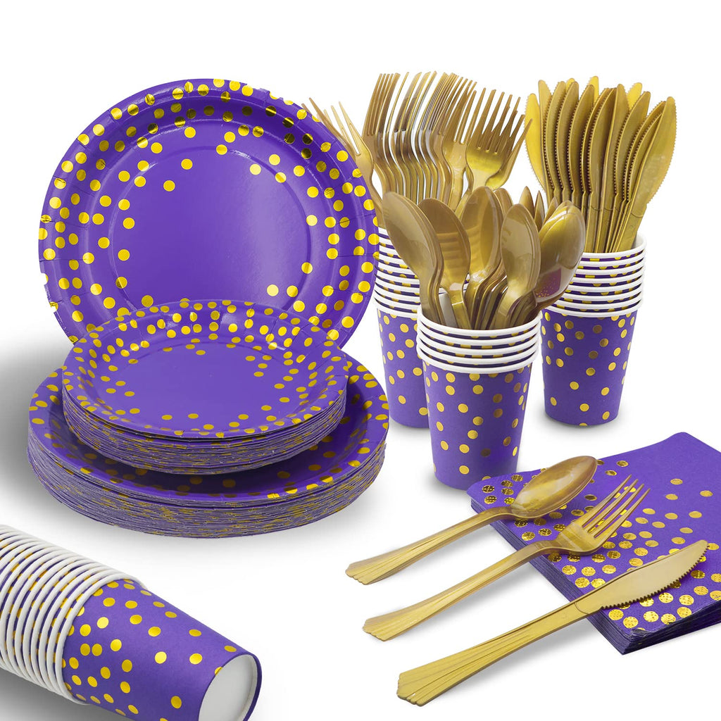AIRE 175PCS Black and Gold Paper Plates Party Supplies for 25 Guests Disposable Party Decorations Dinnerware Golden Dot Black Paper Plates Napkins Cups Gold Plastic Forks Knives Spoons for Mothers Day