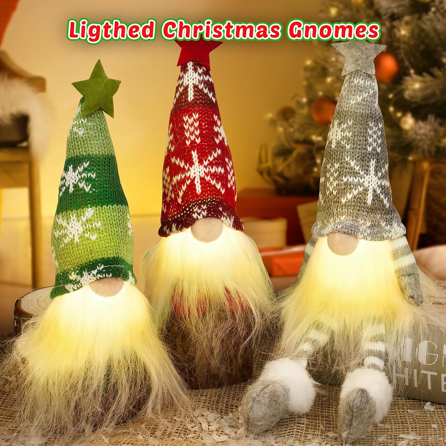 WEMEMORN Gnome Christmas Decorations Set of 6, Lighted Christmas Gnome Ornaments, Swedish Tomte Xmas Gnomes Plush Doll, Scandinavian Santa Christmas Ornaments Indoor Home Tree Tabletop Decoration