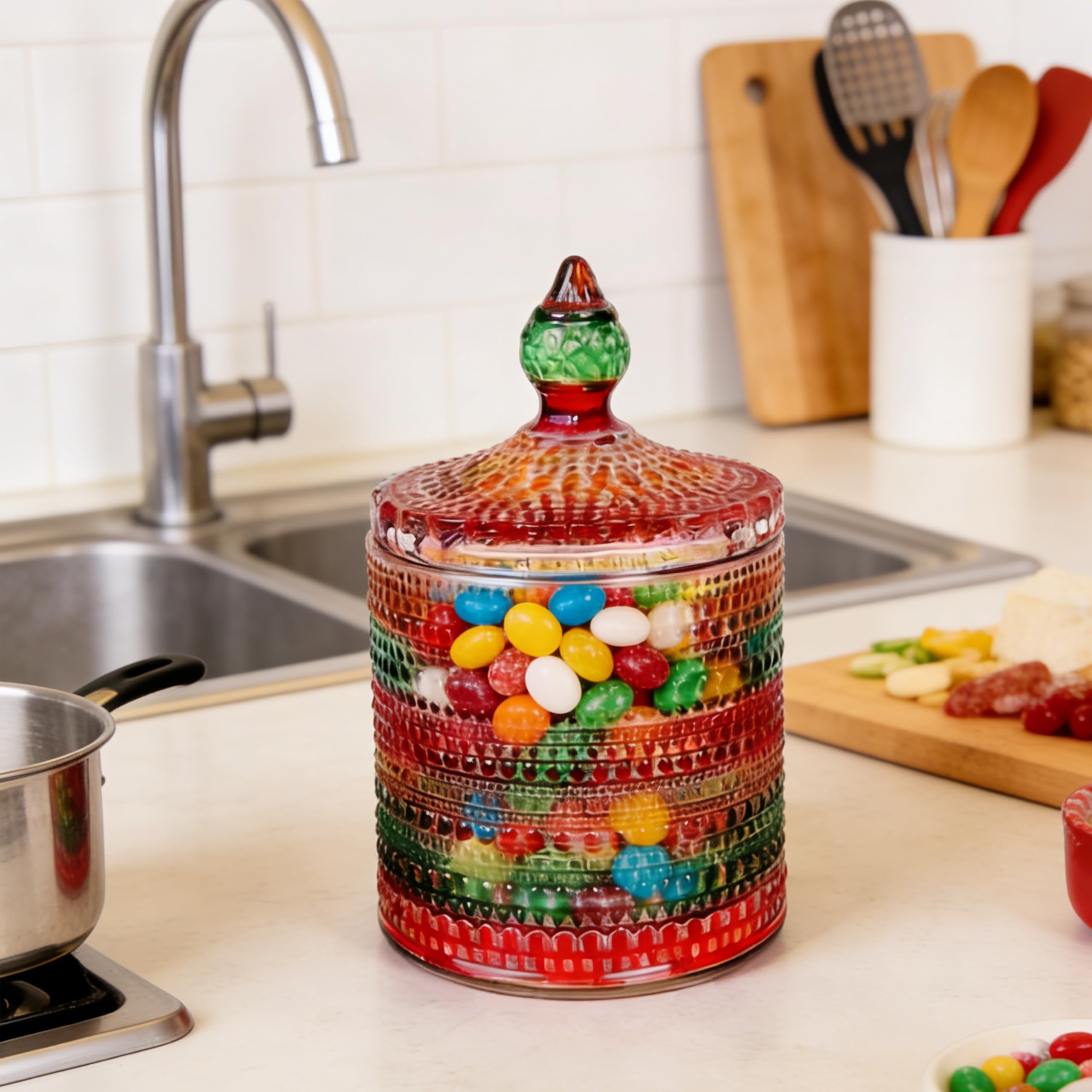 Cute Candy Jar, Decorative Glass Storage Jar for Home Aesthetic sealed canister with simple outline, fit kitchen counter, coffee bar, bedroom decor and daily snack sorted display (low)