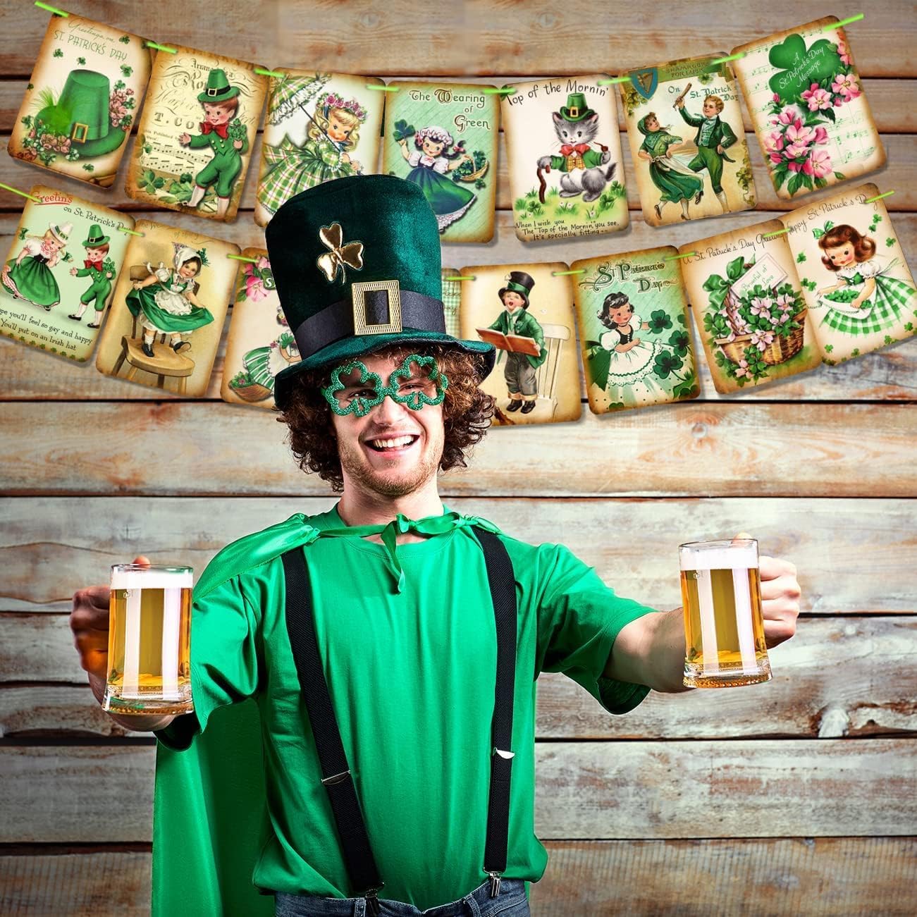 ssailue decor St. Patrick's Day Decorations - 15pcs Lucky Shamrock Banner, Green Cartoon Irish Party Supplies for Indoor/Outdoor Use, 5" x 7"
