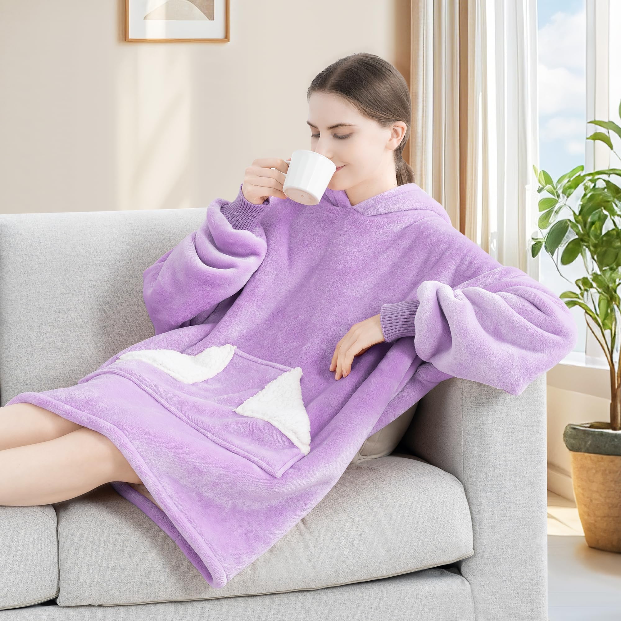 Touchat Wearable Blanket Hoodie, Oversized Sherpa Fleece Sweatshirt Blanket with Giant Hood Pocket and Sleeves for Adult, Warm & Cozy Grey Blanket Gifts for Women