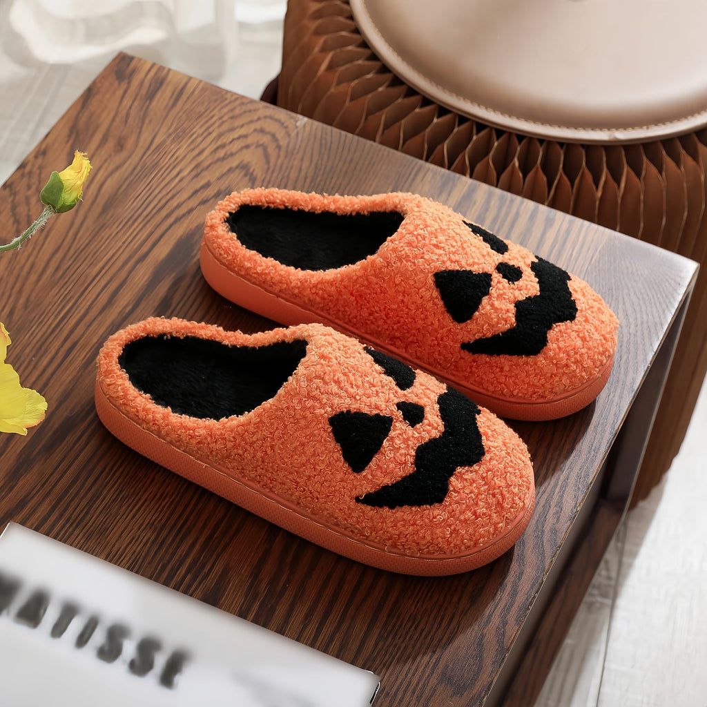 Halloween Slippers for Women Retro Soft Cozy Comfy Plush Lightweight Slip-on Indoor Outdoor Anti-Skid Sole Christmas House Shoes