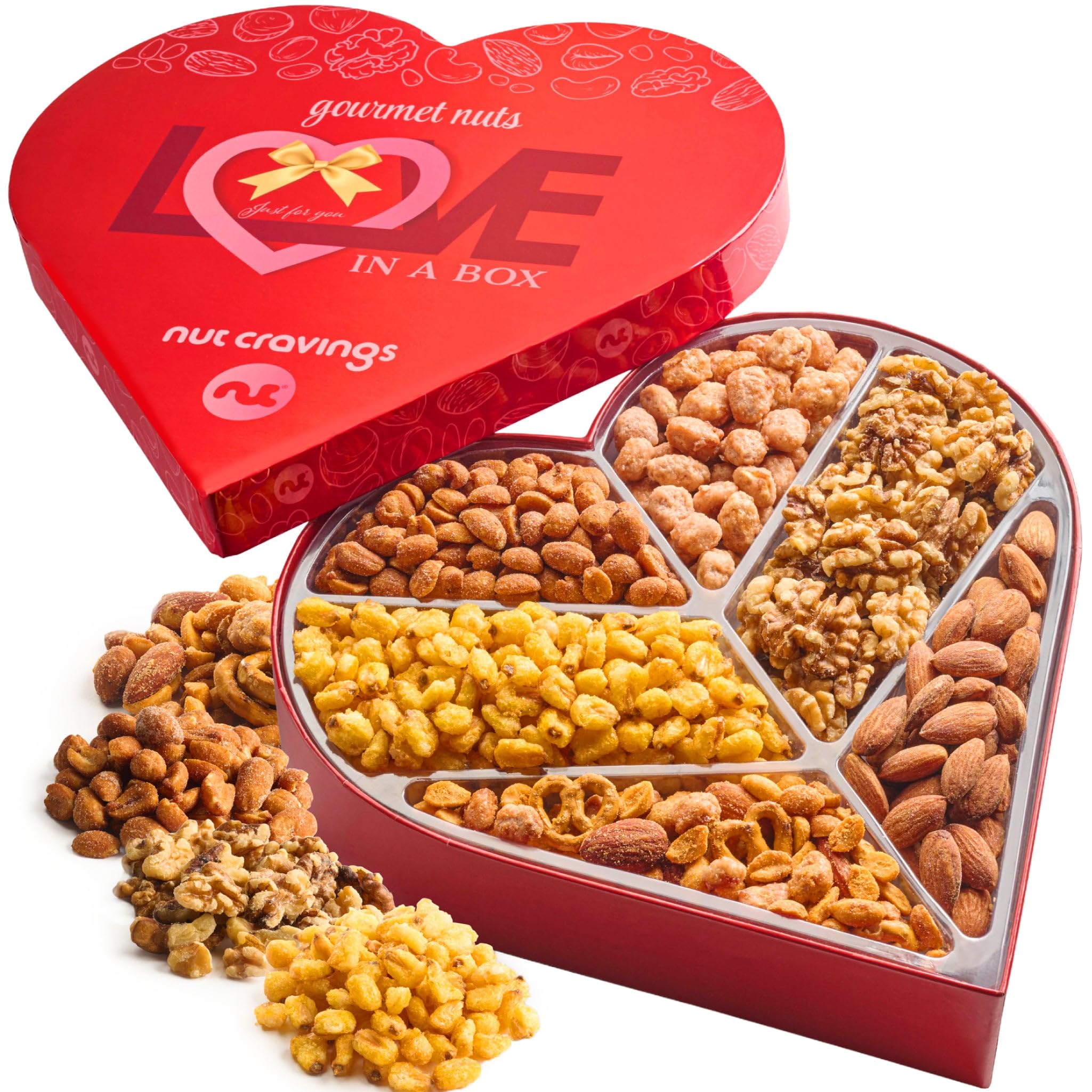 NUT CRAVINGS - Fathers Day Treats, Gift For Dad, Mixed Nuts Heart Shaped Gift Basket, Love in A Box (6 Assortments, 2 LB) Romantic Food Arrangement, Healthy Snack Care Package, Food Assortments