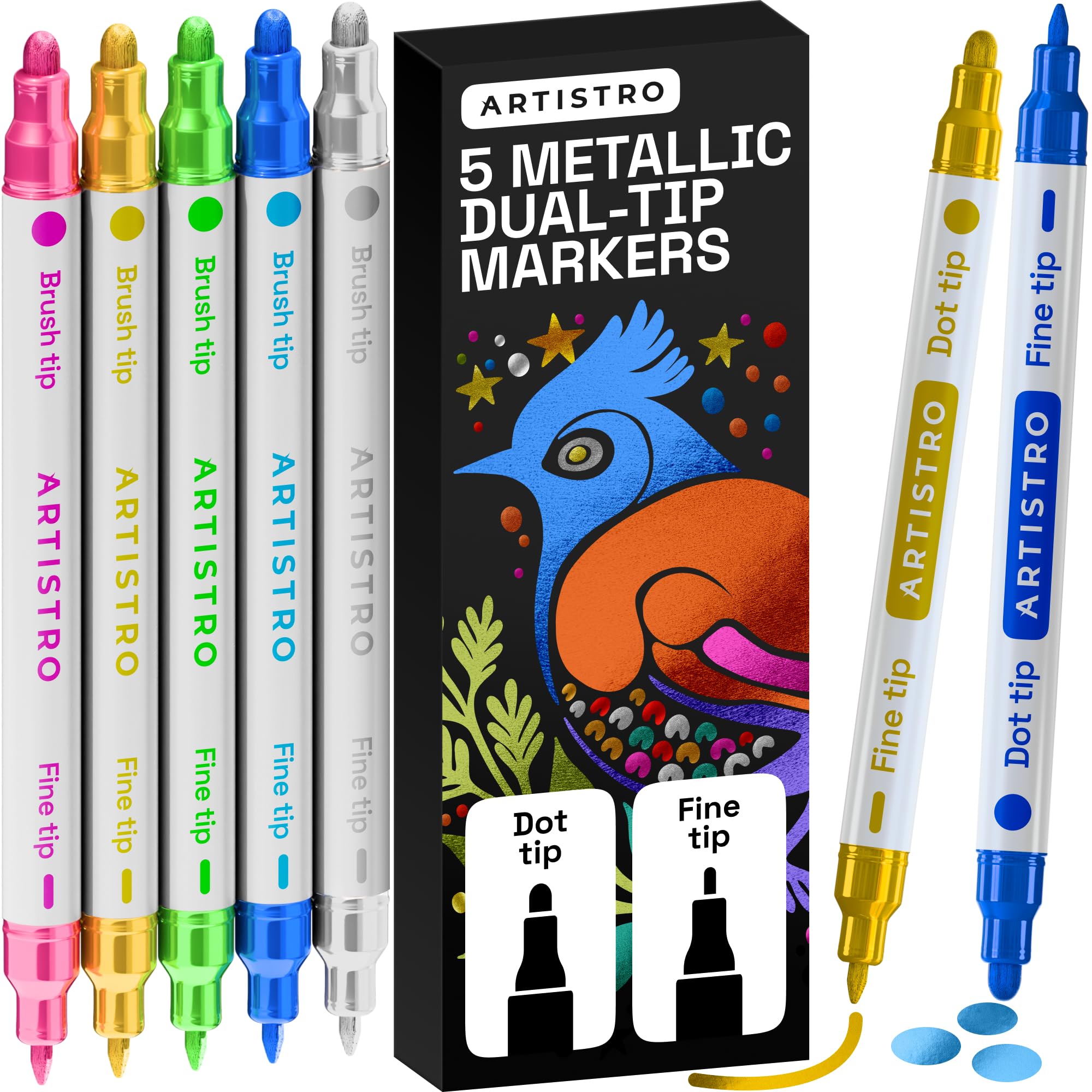ARTISTRO 36 Dual Tip Pens, Dot & Fine Tips Paint Markers – Paint Pens Set for Fabric, Rock, Glass, Wood, Coloring Books – Arts & Crafts Gift – Classroom Must Haves & School Supplies
