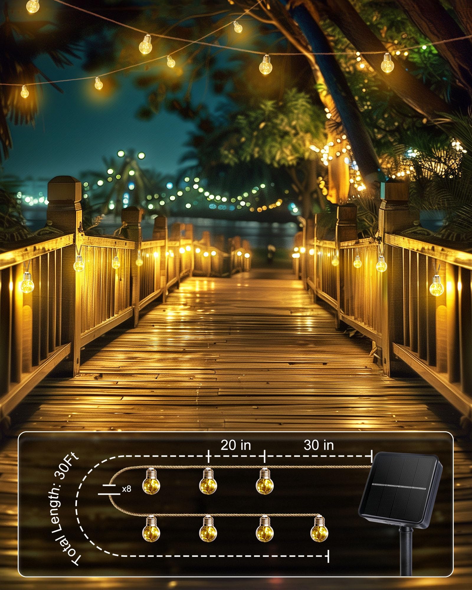 Brightown 58FT Solar String Lights Outdoor with Remote Cable Ties Hooks, 26 LED Shatterproof Bulbs, 3 Light Modes, Dimmer & Timer, Commercial Grade Patio Lights for Yard Balcony Pergola Party Decor