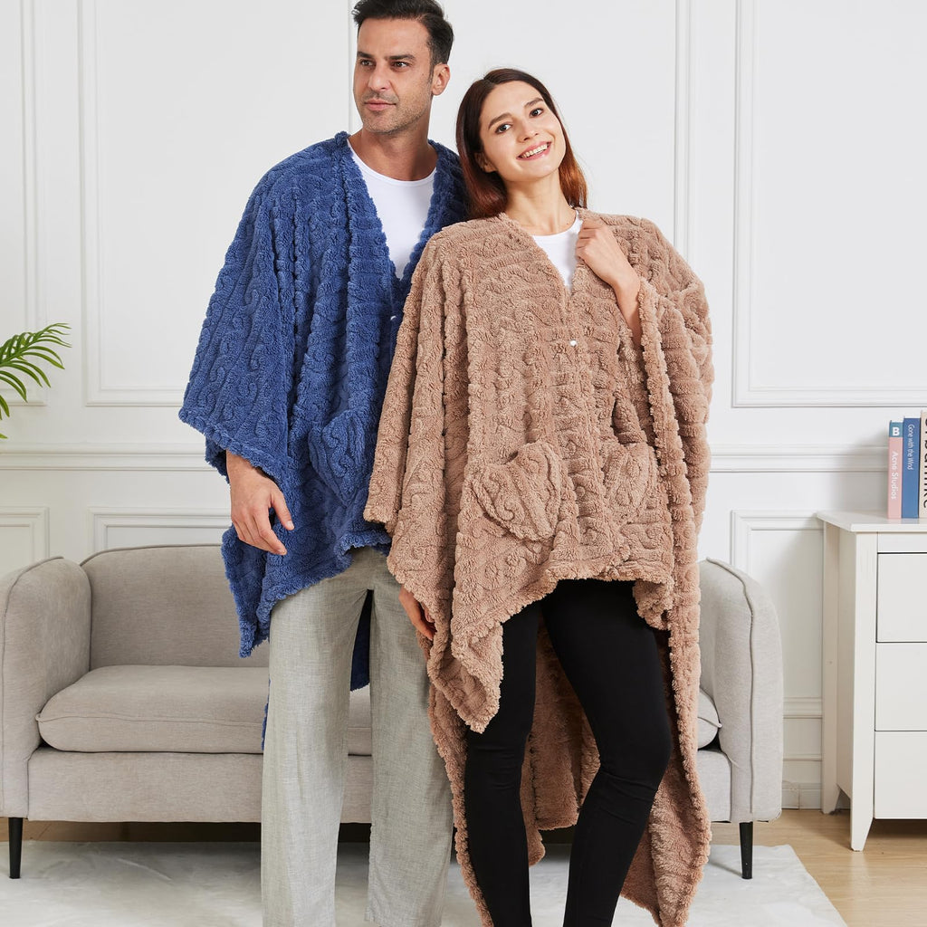 Wearable Blanket Poncho Cape Wrap for Adult, Cozy Sherpa Fleece Pocketed Shawl TV Throw Blankets for Office and Lounge(Caramel,58'' x 64'')