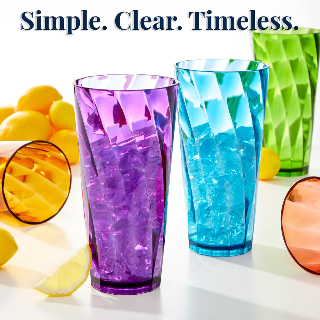 US Acrylic Optix Plastic Reusable Drinking Glasses (Set of 8) 20oz Water Cups in Jewel Tone Colors | BPA-Free Tumblers, Made in USA | Top-Rack Dishwasher Safe
