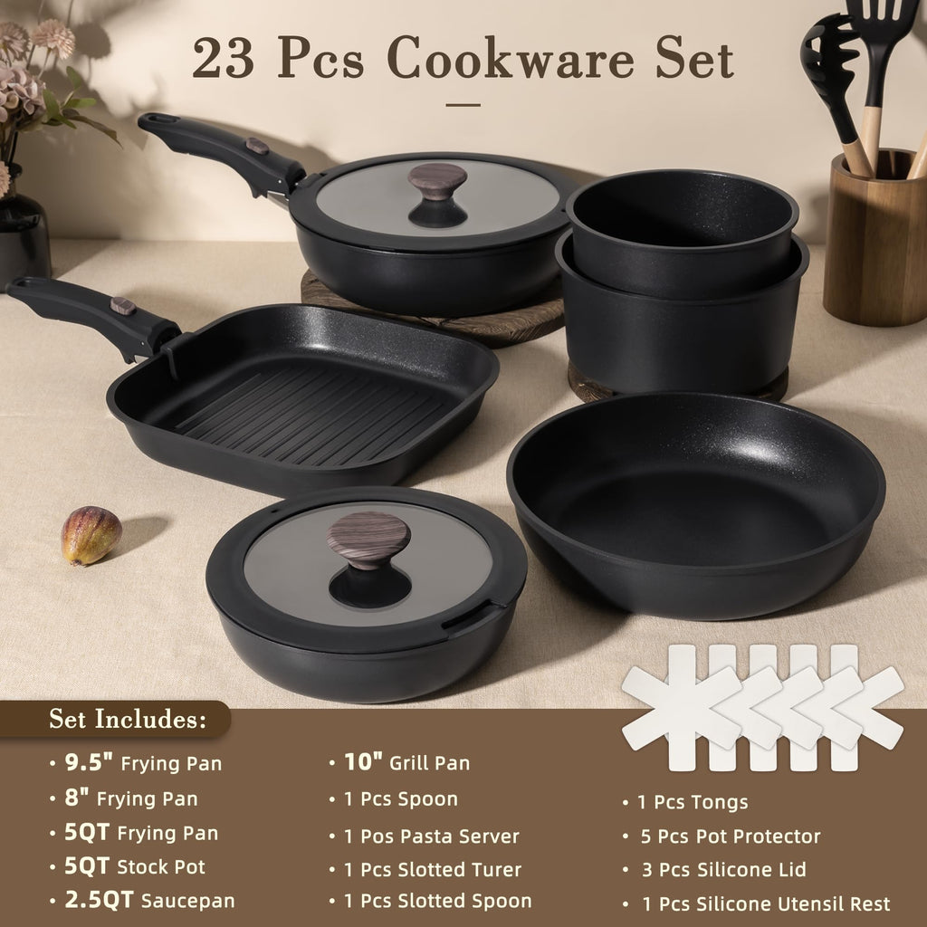 Astercook 21 Pcs Pots and Pans Set Non Stick, Ceramic Cookware Set Detachable Handle, RV Kitchen Cooking Set Removable Handles, Oven Safe, Induction Ready, Stackable, Black, Fathers Day Gift for Men