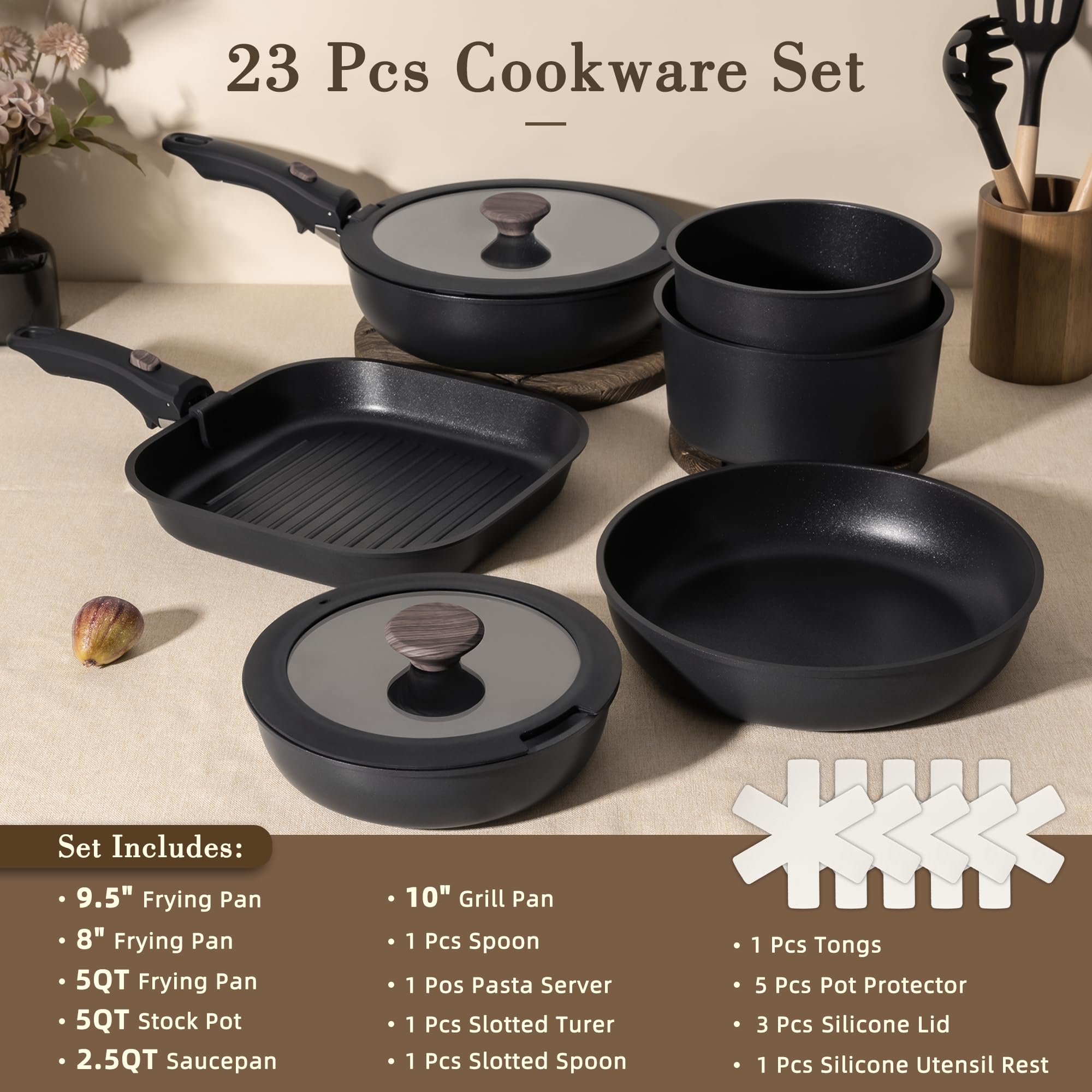 Astercook 21 Pcs Pots and Pans Set Non Stick, Ceramic Cookware Set Detachable Handle, RV Kitchen Cooking Set Removable Handles, Oven Safe, Induction Ready, Stackable, Black, Fathers Day Gift for Men