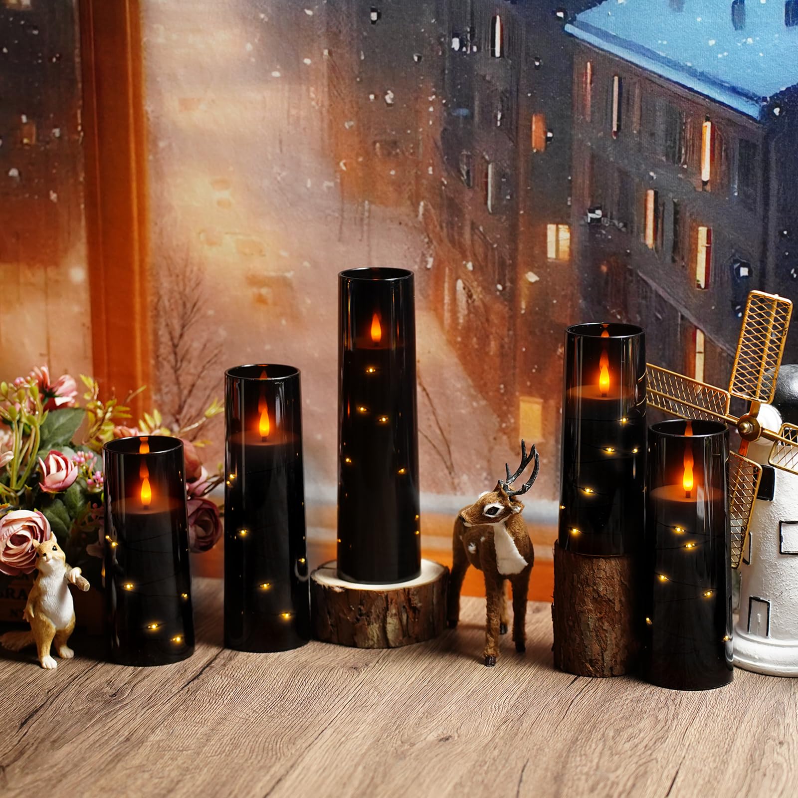 kakoya Flameless LED Candles with Timer 5 Pc Flickering Flameless Candles for Romantic Ambiance and Home Decoration Stable Acrylic Shell,with Embedded Star String，Battery Operated Candles（Red）