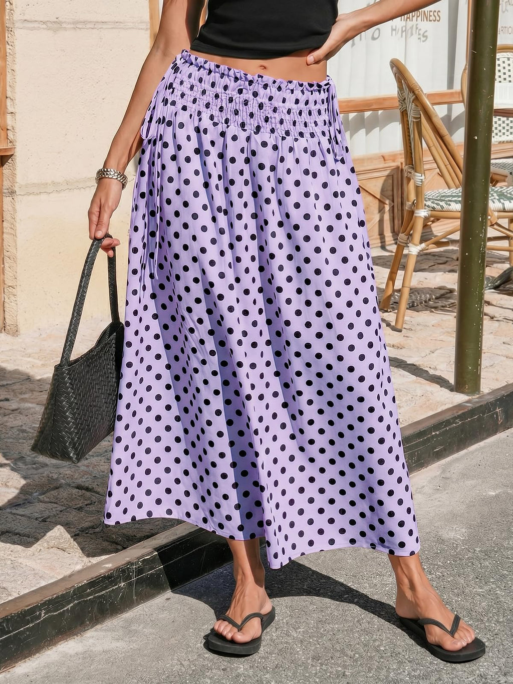 Tankaneo Womens Polka Dot Maxi Skirts Boho Smocked High Waisted Tie Skirt Casual Beach Vacation Dress