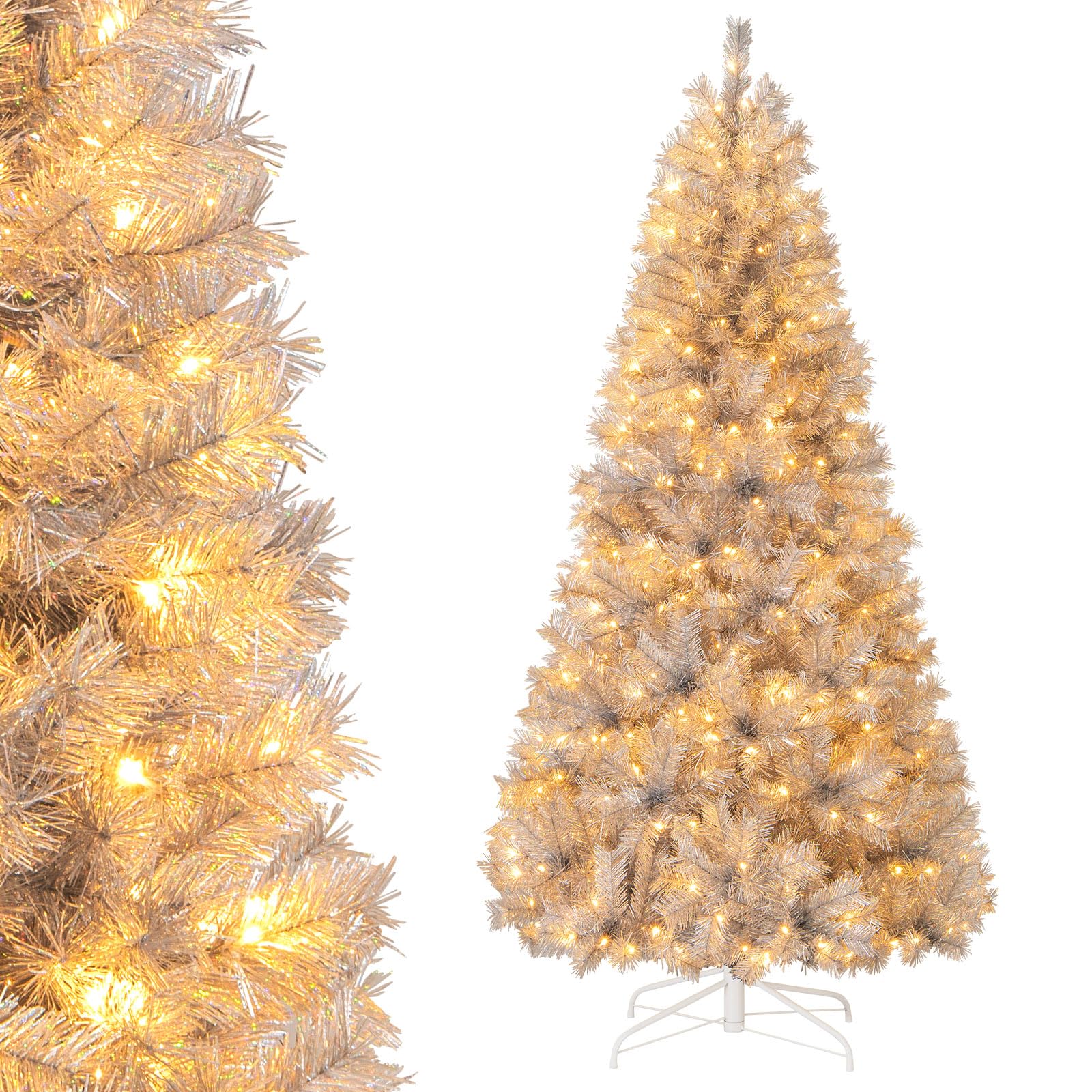 Goplus 7FT Pre-Lit Artificial Christmas Tree Auto-Spread/Close up Branches 11 Flash Modes with Multicolored 400 LED Lights & Metal Stand