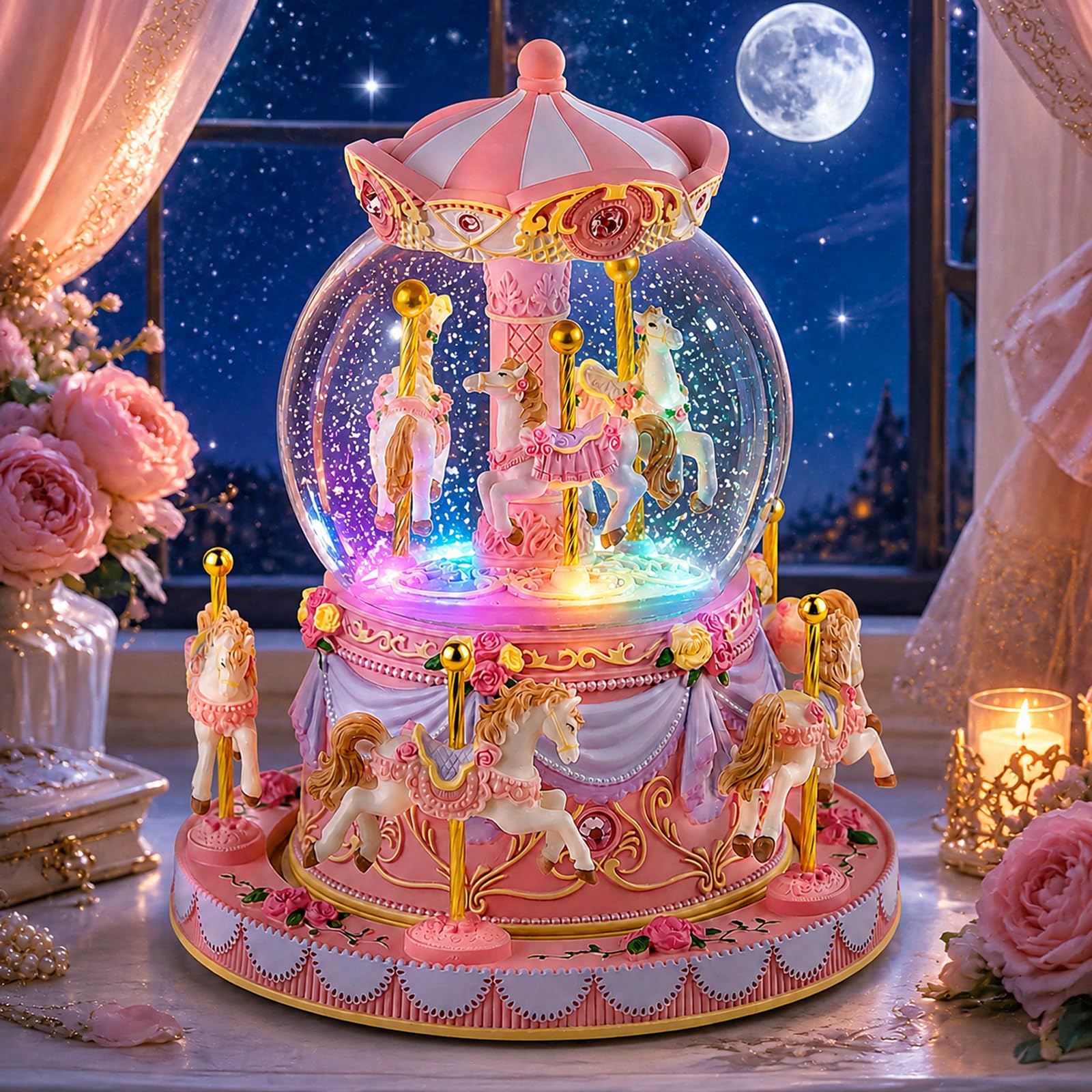 Blue Carousel Snow Globe Music Box with LED Lights, Rotating Horse Merry Go Round, Wind Up Musical Snow Globe Plays You are My Sunshine, Gift for Daughter Granddaughter Mom Women