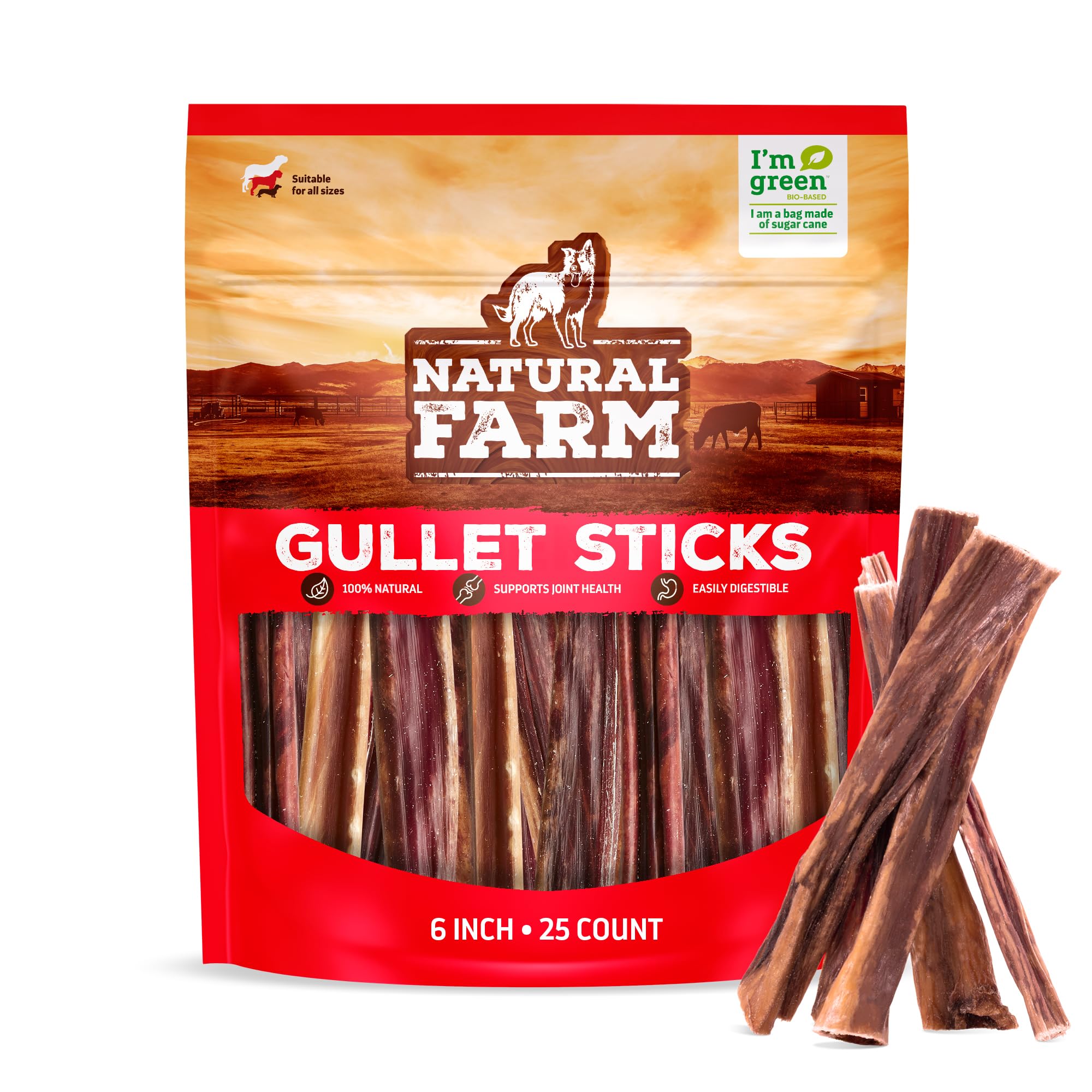 Natural Farm Bully Sticks (6 Inch, 15 Count), Single Ingredient: 100% Beef Chews, Grass-Fed, Non-GMO, Grain-Free, Fully Digestible Treats for Puppies, Small or Senior Dog