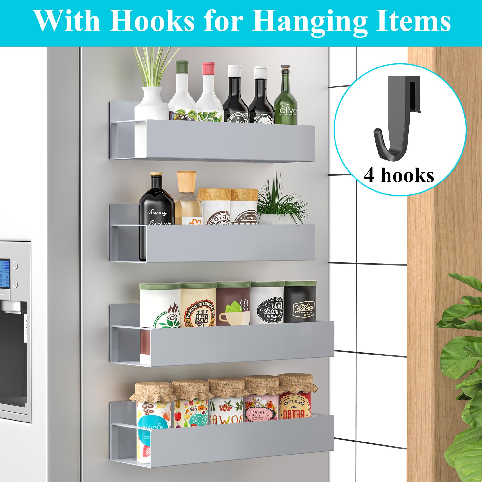 HuggieGems Metal 4 Pack Magnetic Spice Storage Rack Organizer for Refrigerator and Oven, Black Fridge Organizers and Storage, Metal