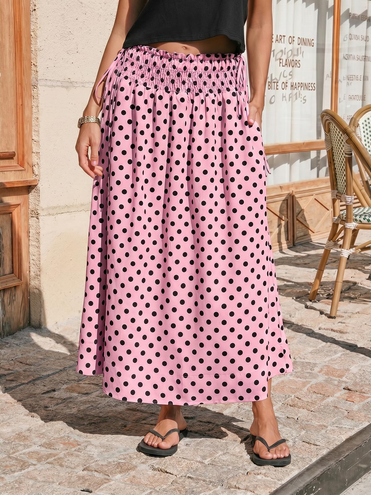 Tankaneo Womens Polka Dot Maxi Skirts Boho Smocked High Waisted Tie Skirt Casual Beach Vacation Dress