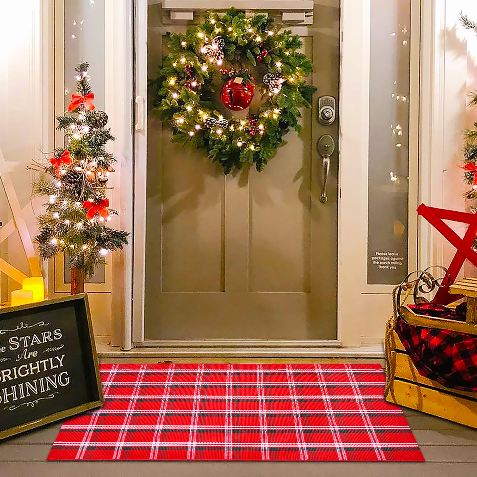 Orange and Black Plaid Rug, 28'' x 43'' Fall Outdoor Front Door Decor Mat, Cotton Washable Hand-Woven Rug for Layered Doormat, Autumn Halloween Thanksgiving Carpet for Porch, Entryway