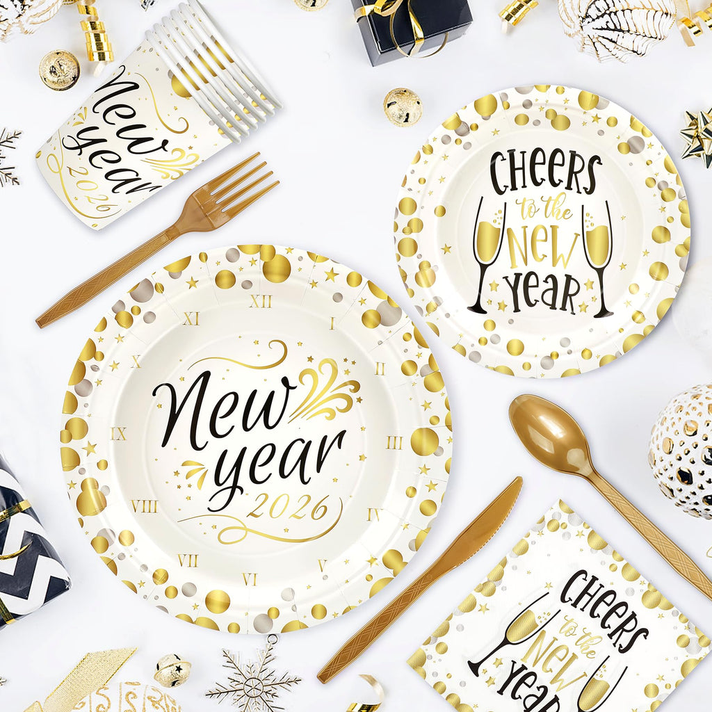168pcs Happy New Year Party Supplies, Black and White Paper Plates Napkins Cups and Transparent Gold Cutlery for 24 Guests, 2026 New Year Disposable Tableware Supplies for Party Decorations