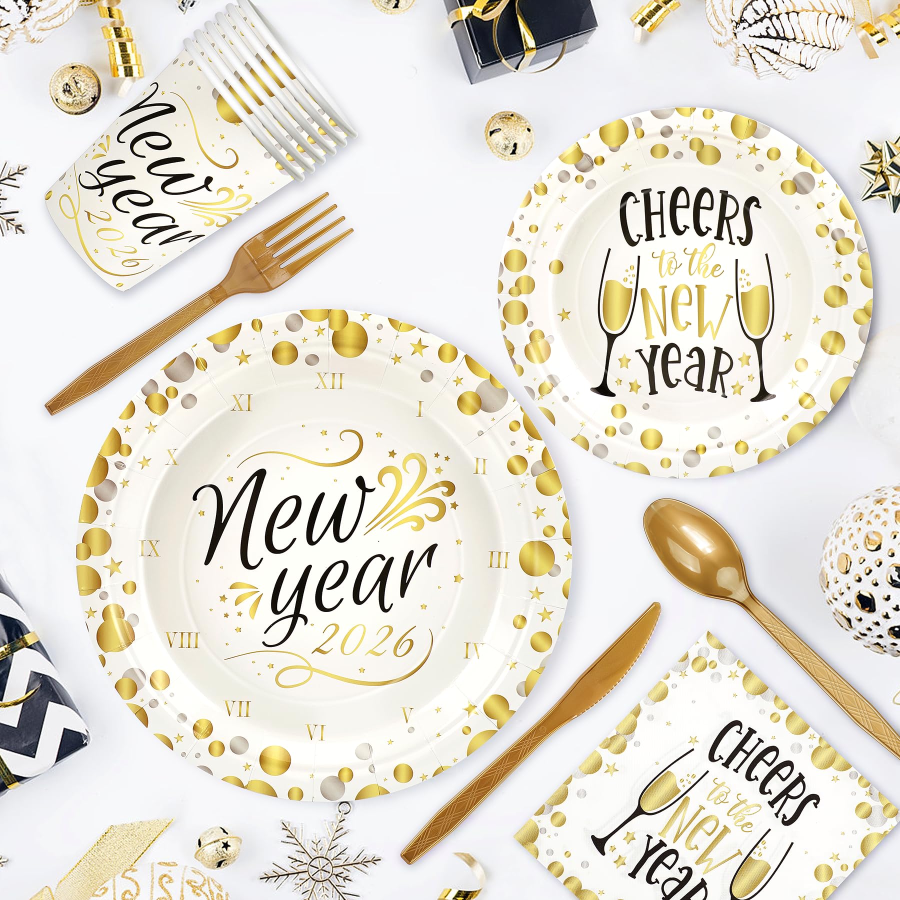 168pcs Happy New Year Party Supplies, Black and White Paper Plates Napkins Cups and Transparent Gold Cutlery for 24 Guests, 2026 New Year Disposable Tableware Supplies for Party Decorations