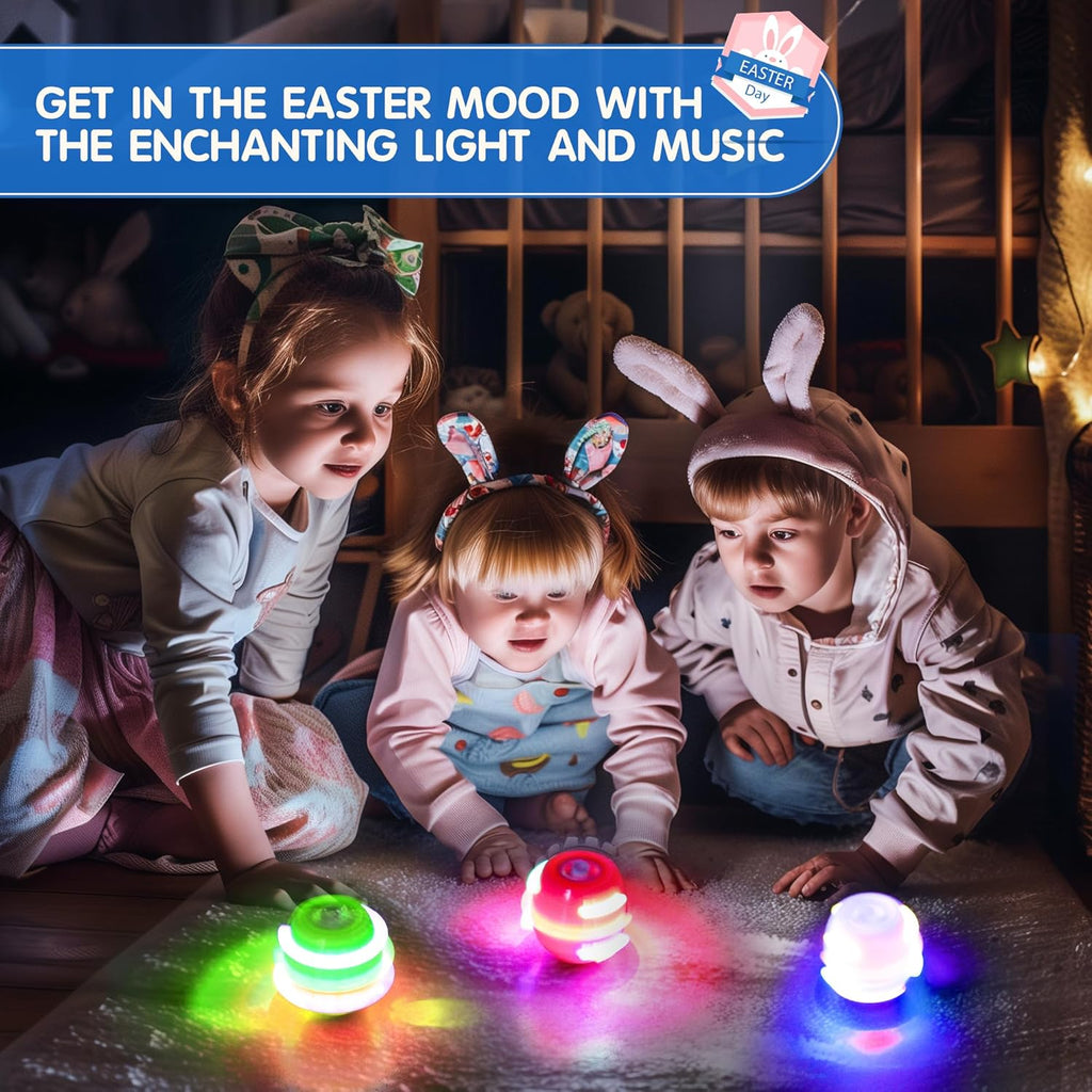 6 PCS Easter Eggs Light Up Flashing Spinning Tops for Kids, Easter Egg Spin Toys with LED Gyroscope for Party Favors Gift, Classroom Event Rewards, Goodie Bag Stuffers, Glow in The Dark Party Supplies