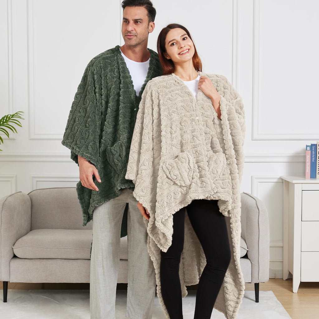 Wearable Blanket Poncho Cape Wrap for Adult, Cozy Sherpa Fleece Pocketed Shawl TV Throw Blankets for Office and Lounge(Caramel,58'' x 64'')