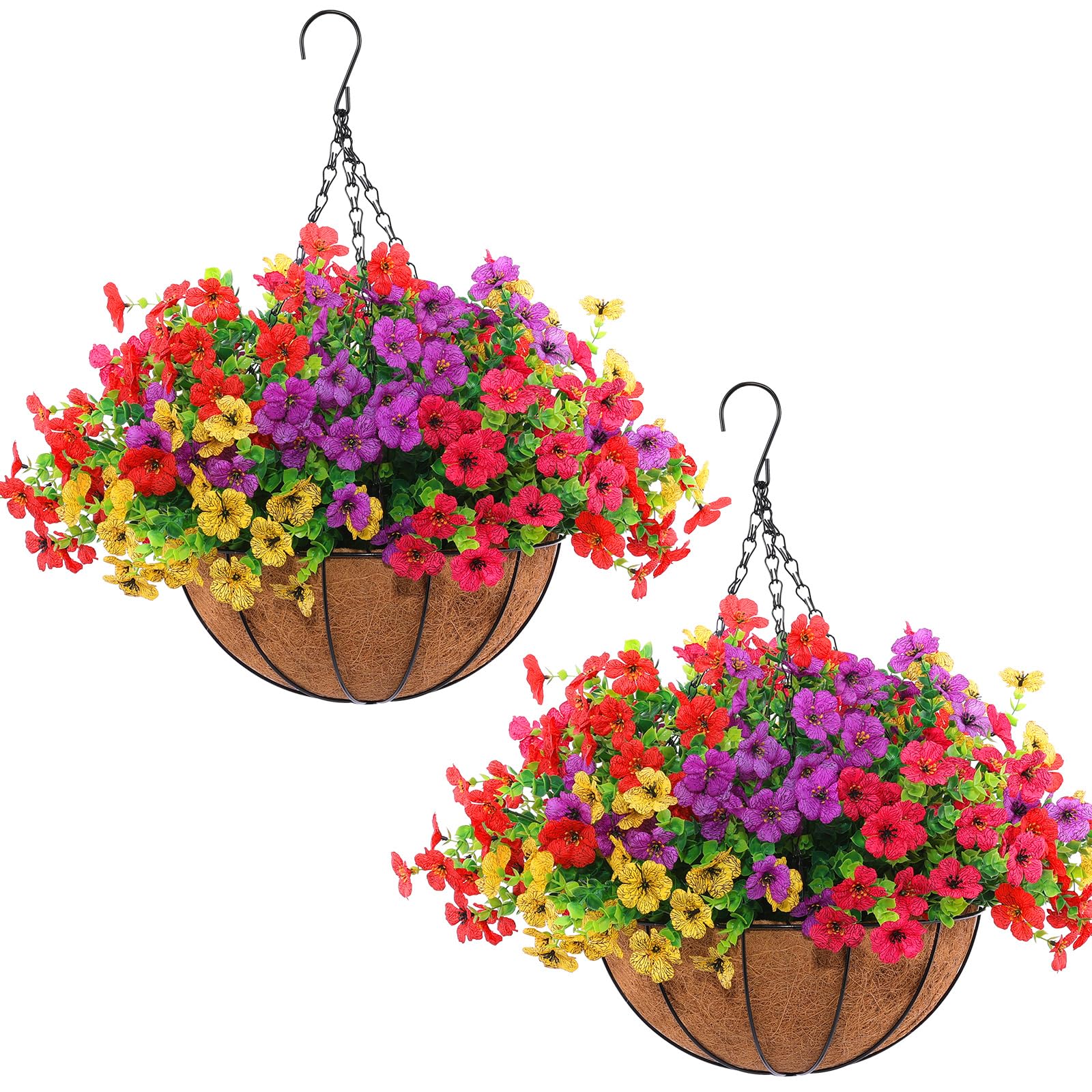 Hananona 24 Pcs Artficial Outdoor Flowers with Hanging Baskets, Orange Fall mums 2 Pack Hanging Planter with Outdoor Fall Flowers for Autumn Porch Garden and Home Patio Yard Decor (2, Orange)