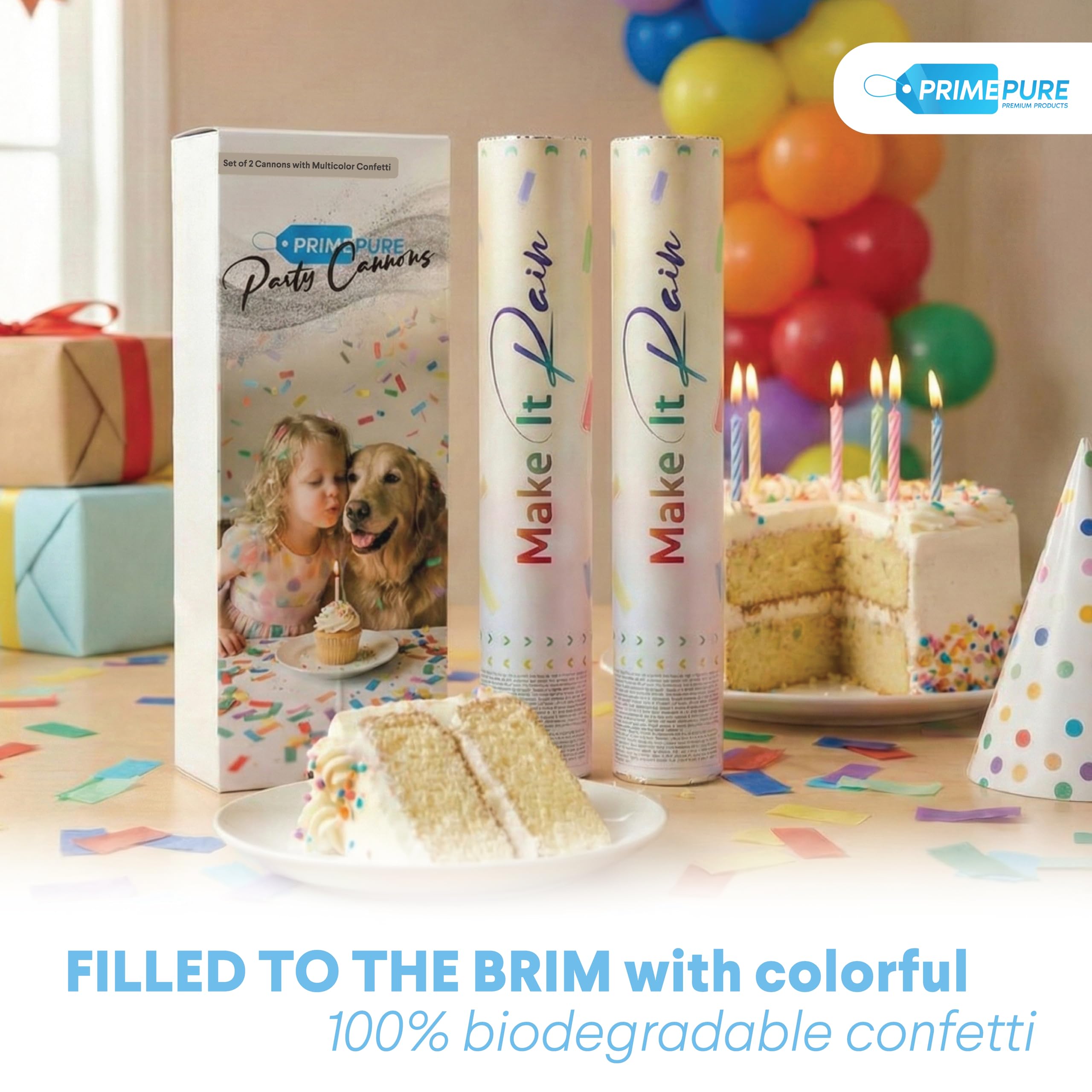 PrimePure Confetti Cannon Party Poppers - Gold Star Confetti Poppers - 2 Pack - Make It Rain Gold Glitter Stars Party Cannons Pop Gun for Birthday, Wedding, Graduation, Celebration, Events, Pranks