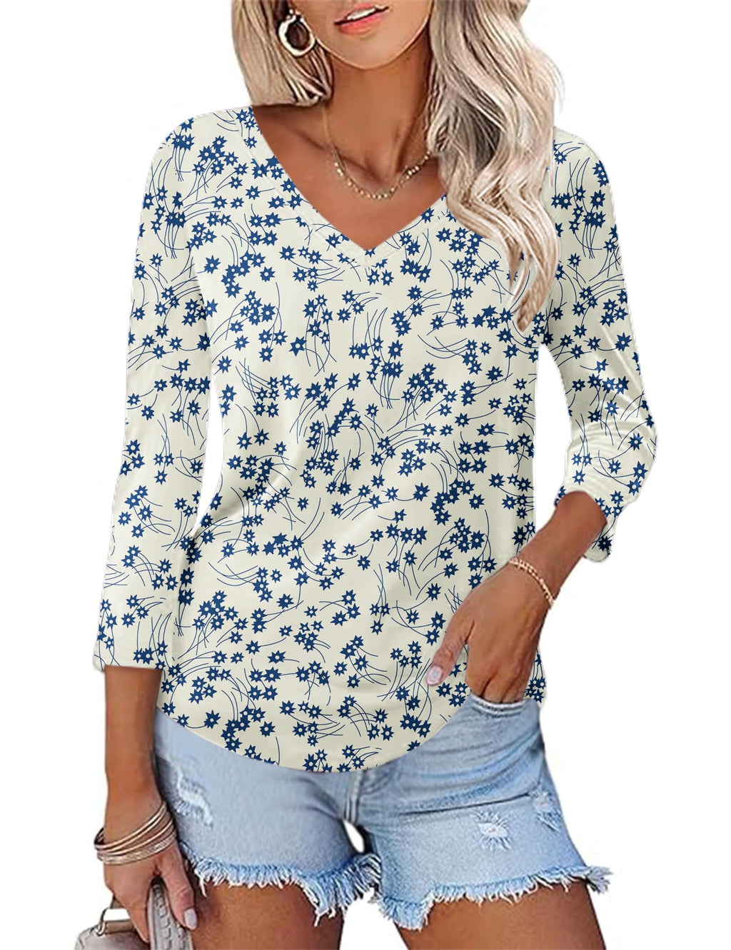 KTILG Women's V Neck T Shirts 3/4 Sleeve Blouse Summer Tops Dressy Casual Solid Basic Tees