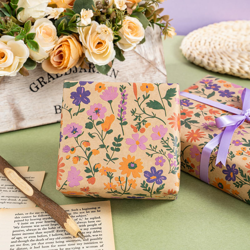 WRAPAHOLIC Kraft Floral Wrapping Paper Roll - Mini Roll - 17 Inch x 9.8 Feet - Spring Summer Garden Flower Design Perfect for Wedding, Bridal Shower, Birthday
