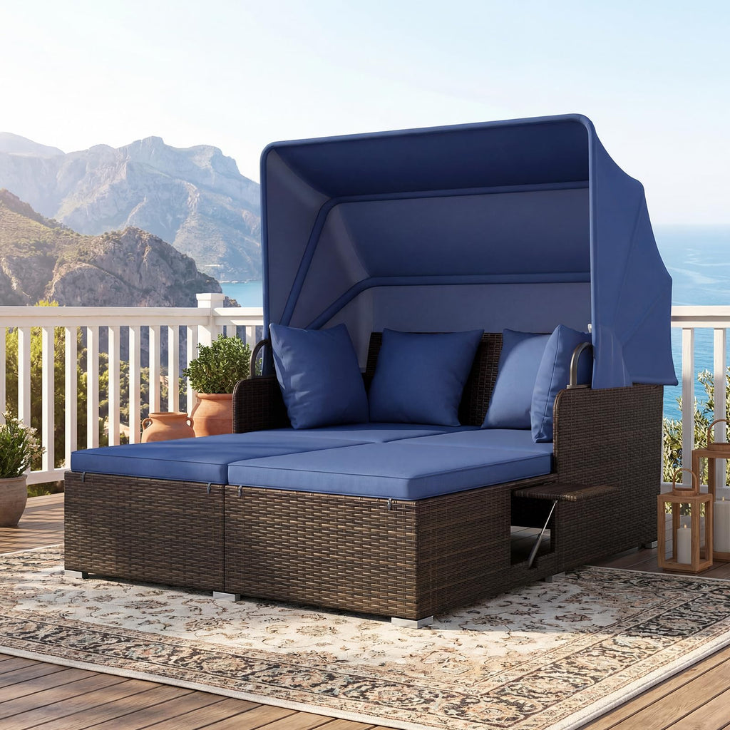 Tangkula Patio Rattan Daybed with Retractable Canopy, Outdoor Wicker Sunbed Lounger with 2 Foldable Side Tables, Thick Seat & Back Cushions, Outside Double Daybed for Garden, Backyard, Porch