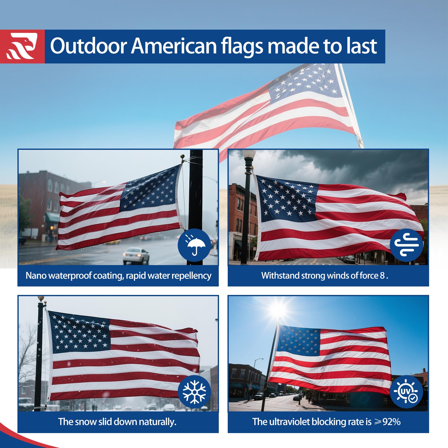 American Flag Durable Nylon 3x5 Ft Outdoor Heavy Duty,100% Nylon fabric made in the USA ,Longest Lasting Non Fading American Flags for Outside 3x5,Waterproof Embroidered American Flag, All Weather US Flags Use Outdoor High Wind,Tear Proof America Flag Sew