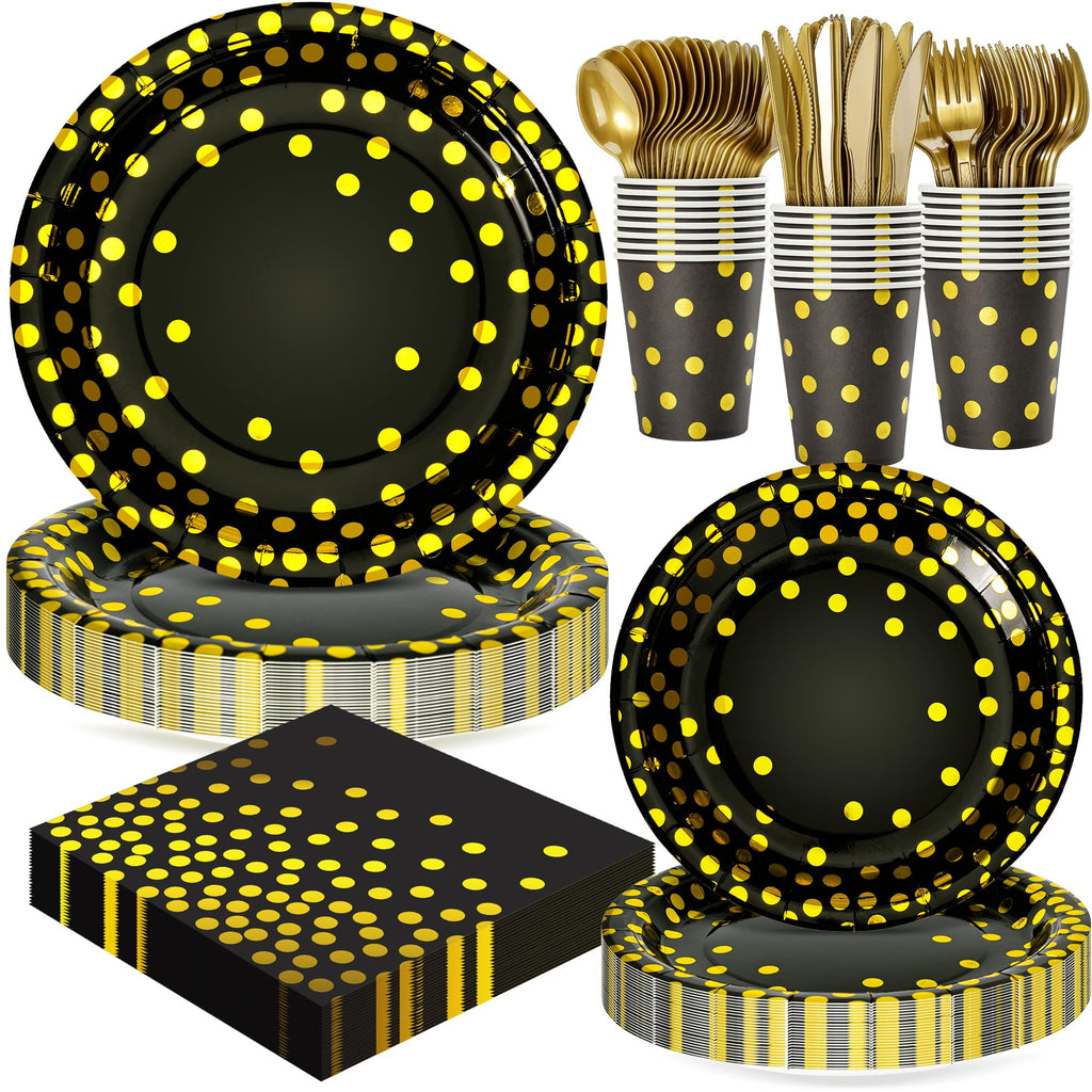 168pcs Happy New Year Party Supplies, Black and White Paper Plates Napkins Cups and Transparent Gold Cutlery for 24 Guests, 2026 New Year Disposable Tableware Supplies for Party Decorations