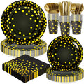 168pcs Happy New Year Party Supplies, Black and White Paper Plates Napkins Cups and Transparent Gold Cutlery for 24 Guests, 2026 New Year Disposable Tableware Supplies for Party Decorations