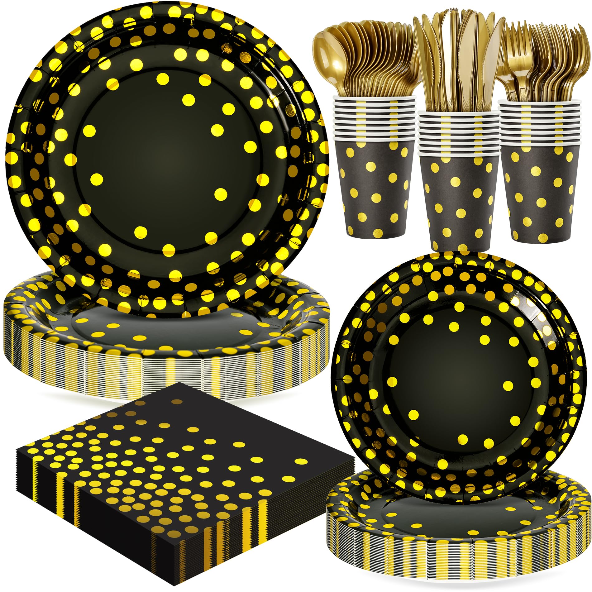 168pcs Happy New Year Party Supplies, Black and White Paper Plates Napkins Cups and Transparent Gold Cutlery for 24 Guests, 2026 New Year Disposable Tableware Supplies for Party Decorations