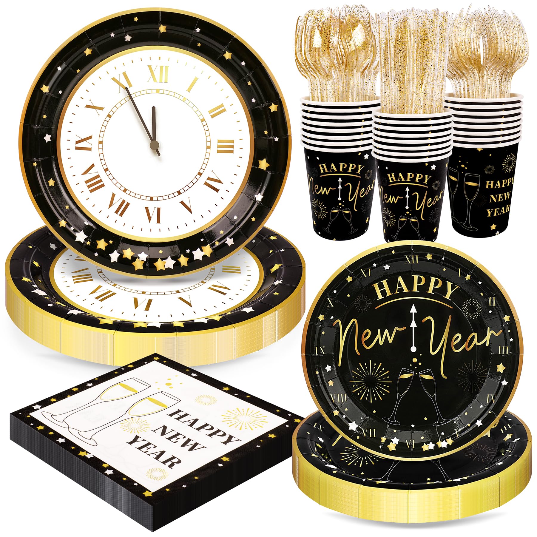 168pcs Happy New Year Party Supplies, Black and White Paper Plates Napkins Cups and Transparent Gold Cutlery for 24 Guests, 2026 New Year Disposable Tableware Supplies for Party Decorations