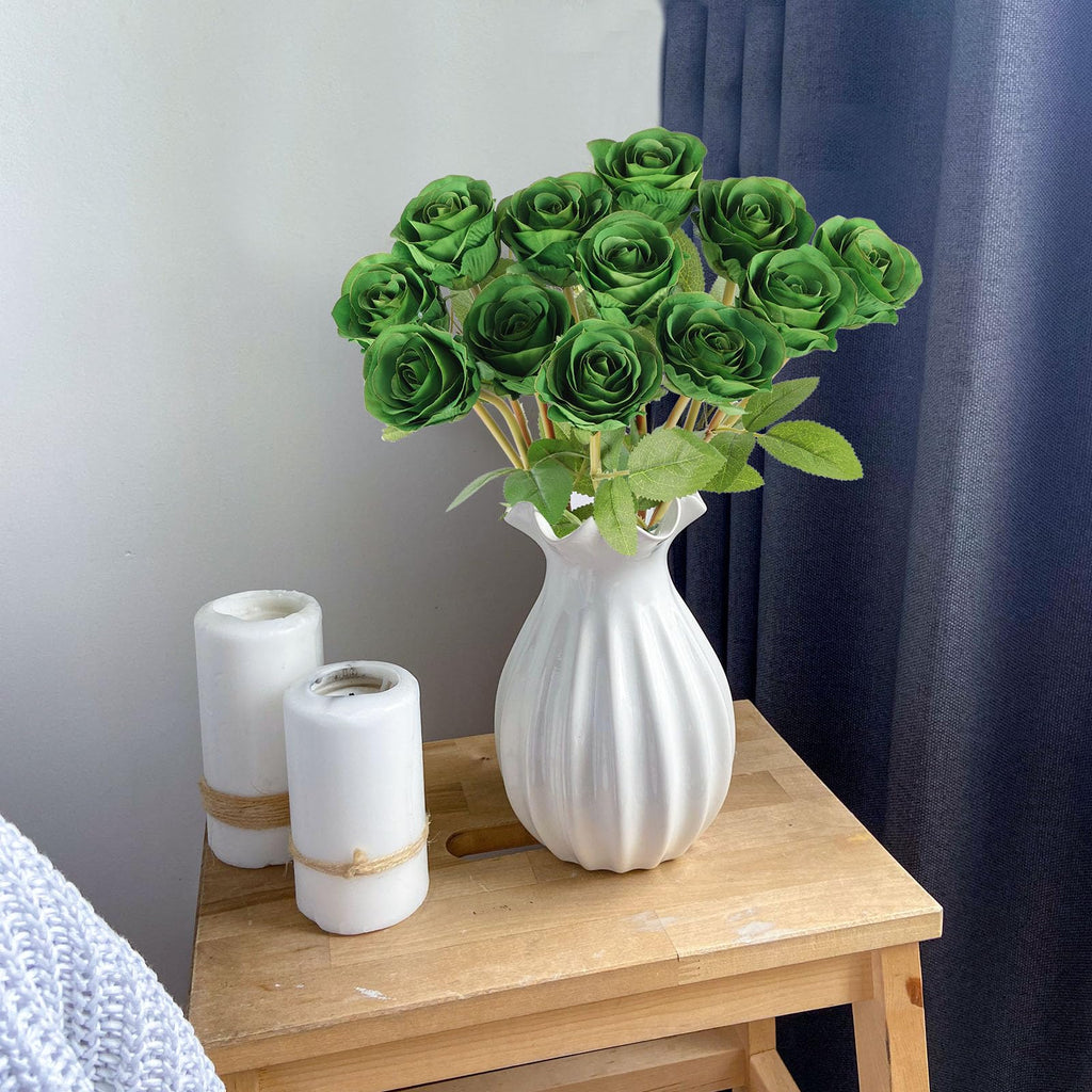 Hananona Artificial Roses Flowers for St. Patrick's Day，12 Pcs Silk Green Rose Bouquet for Spring Home Decoration, Green Faux Roses for Wedding