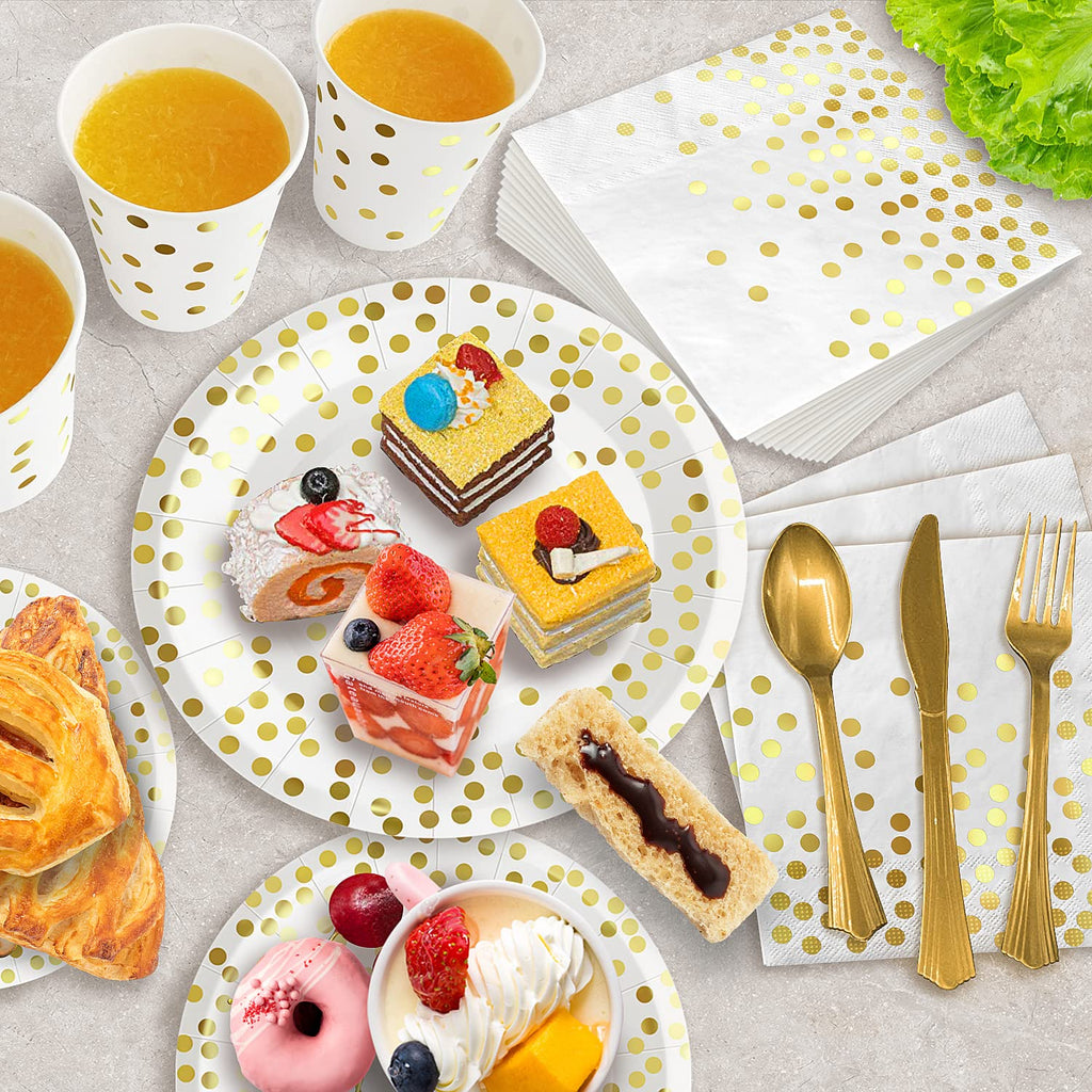 AIRE 175PCS White and Gold Party Supplies, Heavy Duty Disposable Dinnerware Set Serves 25, Paper Plates Plastic Forks Knives Spoons for Birthday,Graduation, Bridal Shower Decoration