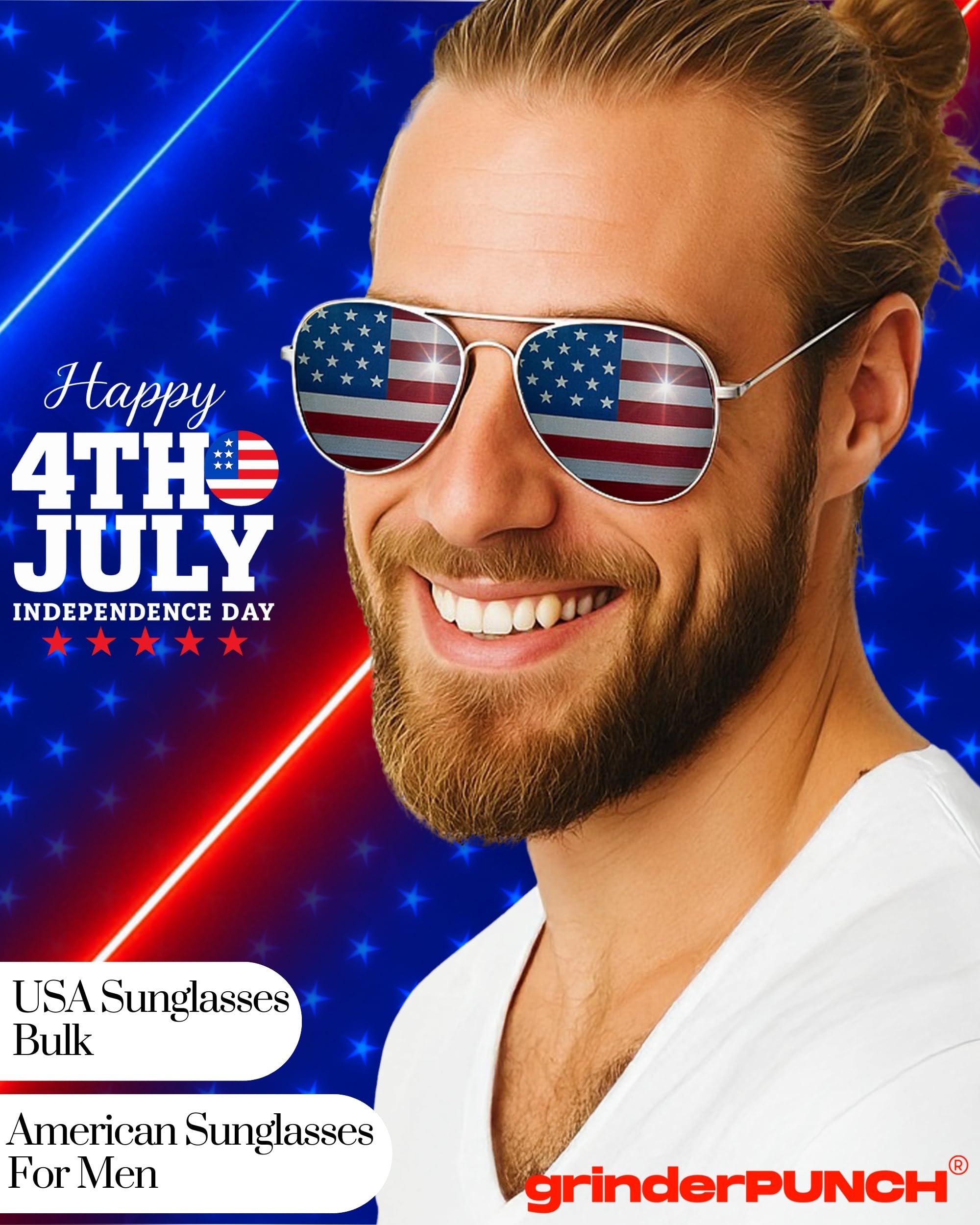 grinderPUNCH 3 Pack Bulk USA America Glasses - American Flag Aviator Sunglasses - Assorted Colors