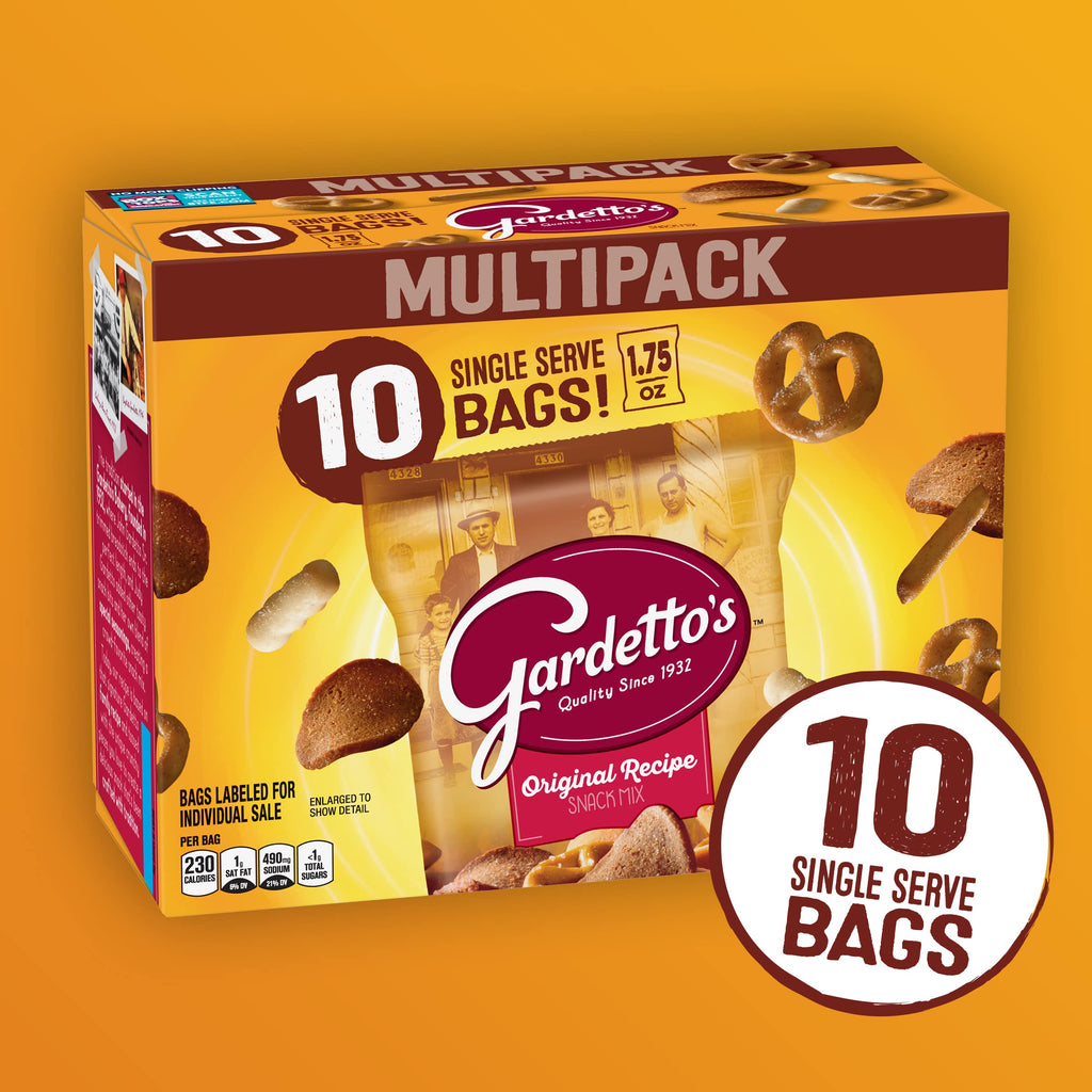 Gardetto's Original Recipe Snack Mix, Crunchy Breadsticks, Pretzels & Roasted Rye Chips, Kosher Snacks Multipack, 10 Single-Serve Bags, Individually Wrapped Party & Family Pack, 17.5 oz Bulk Box
