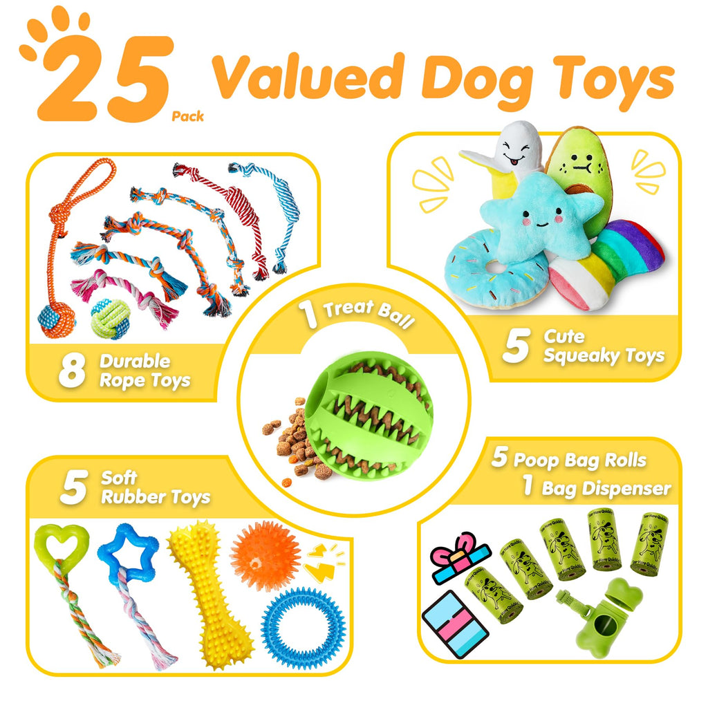Zeaxuie 25 Pack Luxury Dog Chew Toys for Puppy, Dog Toys with Ropes, Treat Ball and Squeaky Puppy Toys for Teething Small Dogs