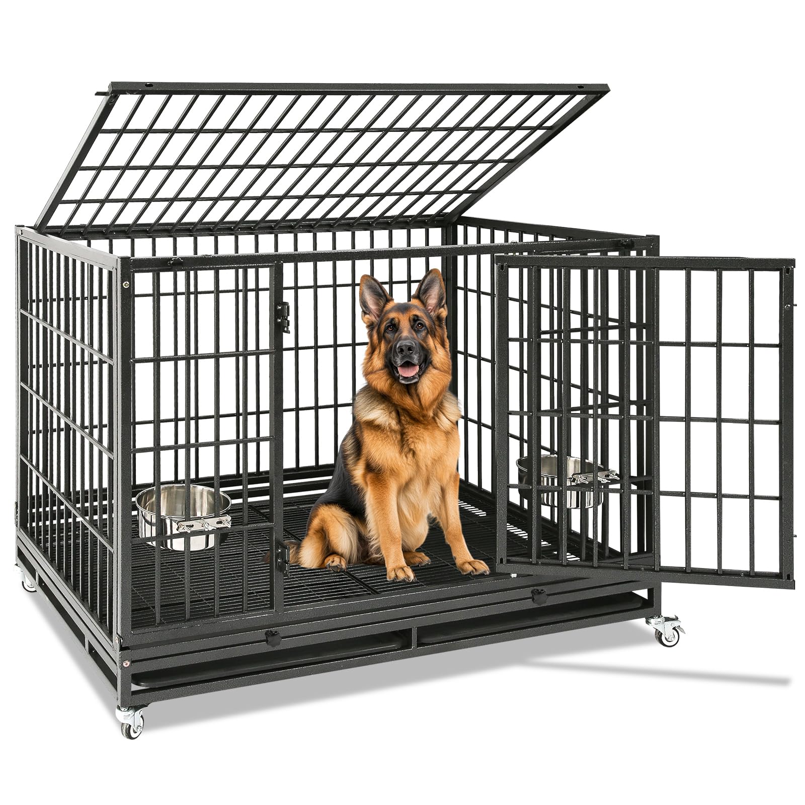 Homey Pet 37 Inch Heavy Duty Dog Crate for Medium Dogs, Stackable Dog Cage with Four Lockable Wheels, Removable Tray & Grid, Open Top, Escape Proof Dog Kennel Indoor