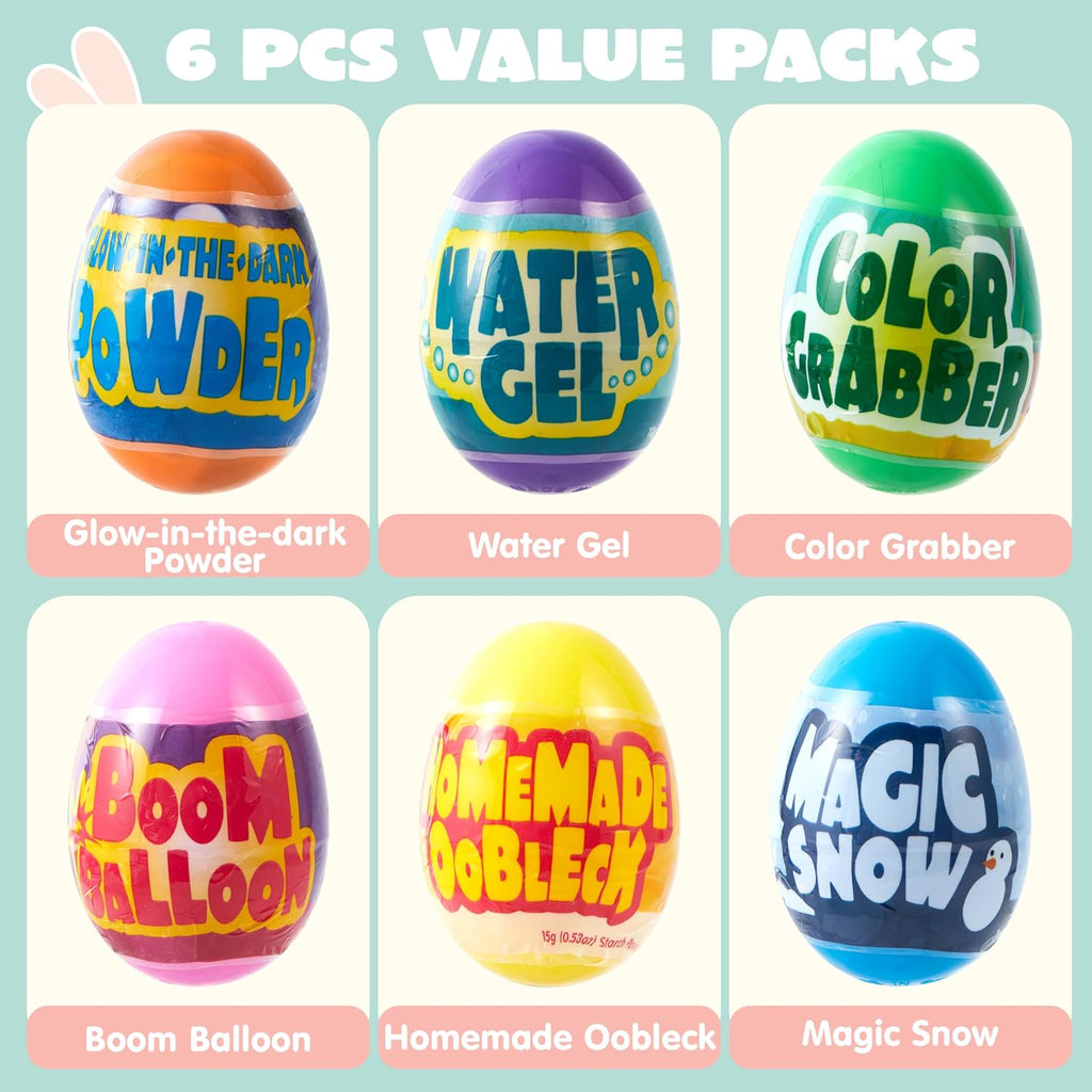 JOYIN 6pcs Prefilled Easter Eggs with Toys, Plastic Eggs with Science Experiment, Basket Stuffers for Boys & Girls, Easter Theme Party Favors